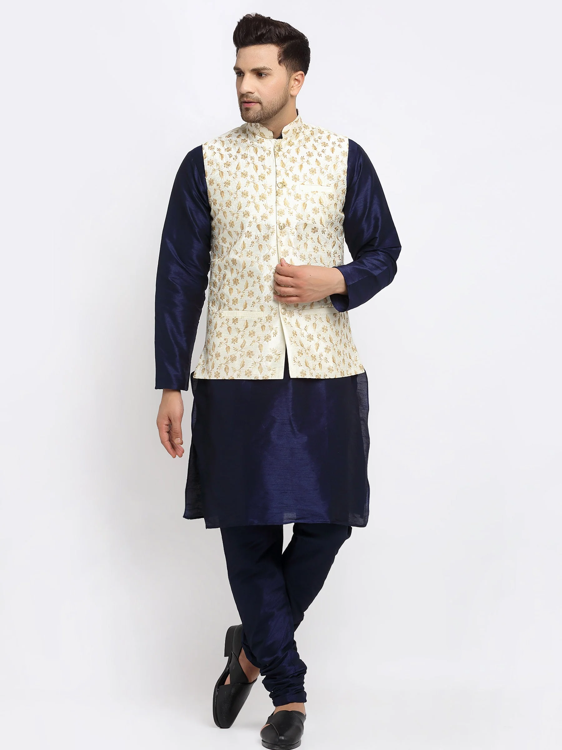 KRAFT INDIA Mens Navy Blue Kurta and churidar with embroided Zari Nehru jacket - Image 32