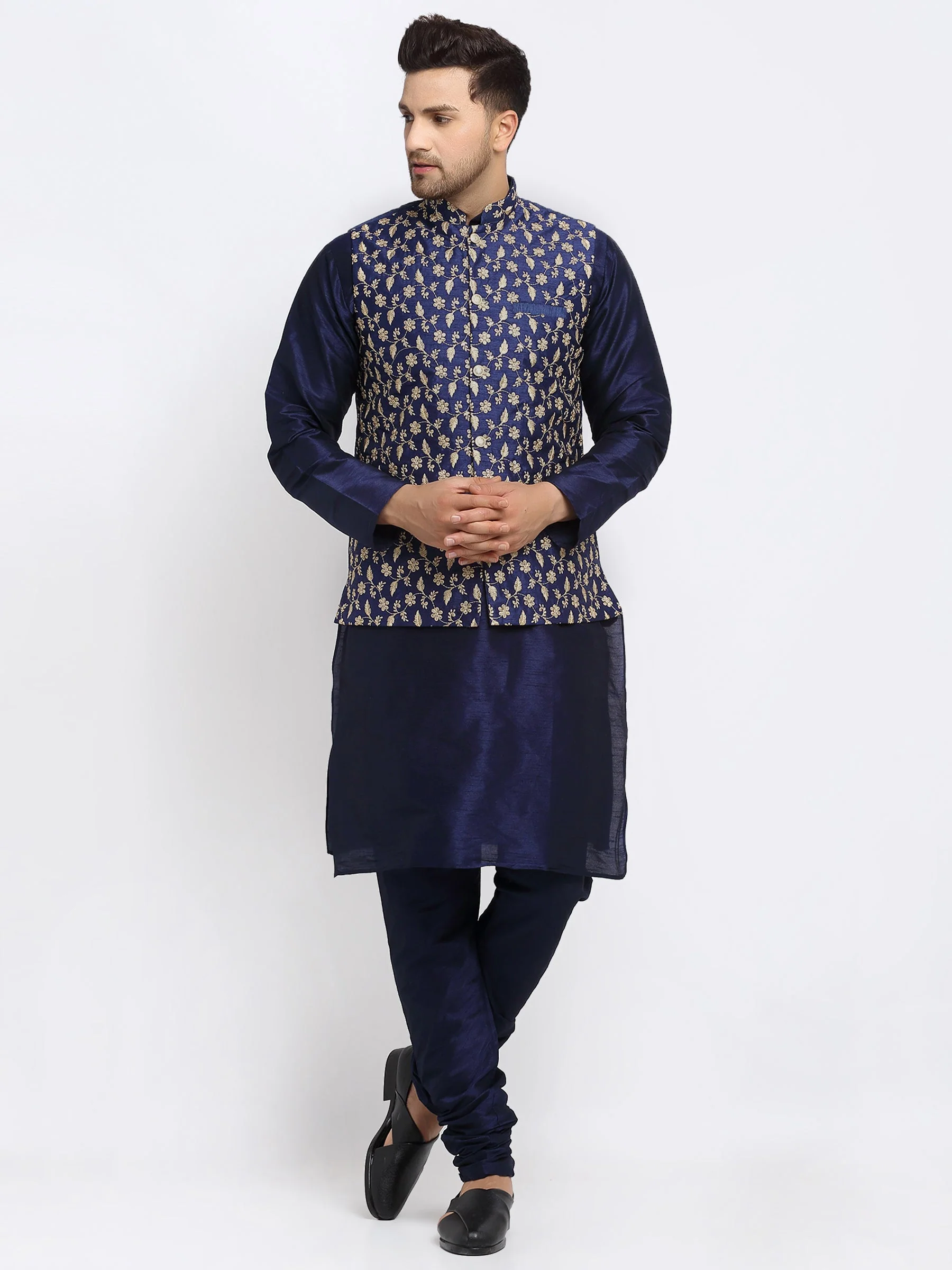 KRAFT INDIA Mens Navy Blue Kurta and churidar with embroided Zari Nehru jacket - Image 85