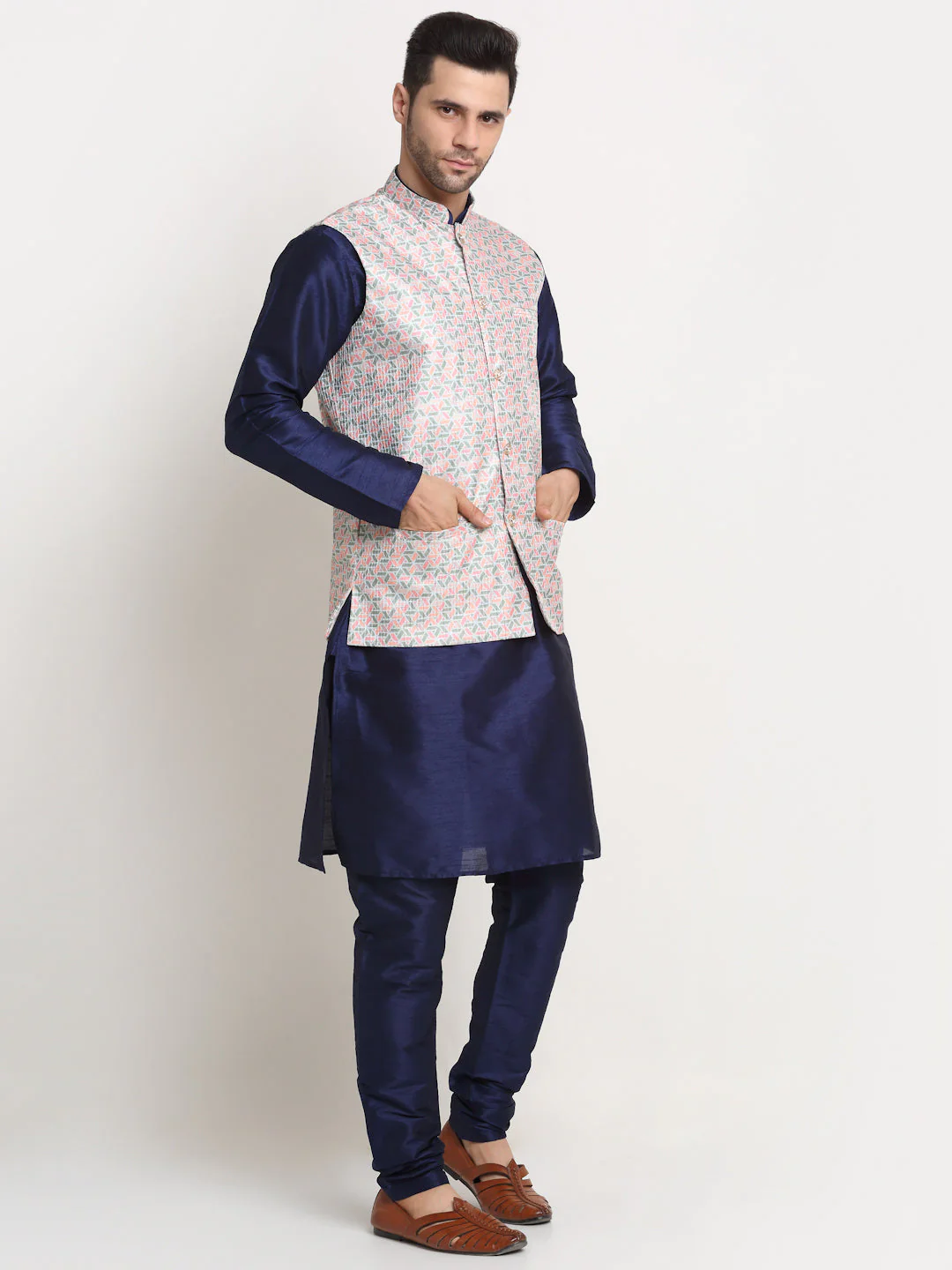 KRAFT INDIA Mens Navy Blue Silk Blend Kurta and churidar with Green embroided Sequenced Nehru jacket - Image 3