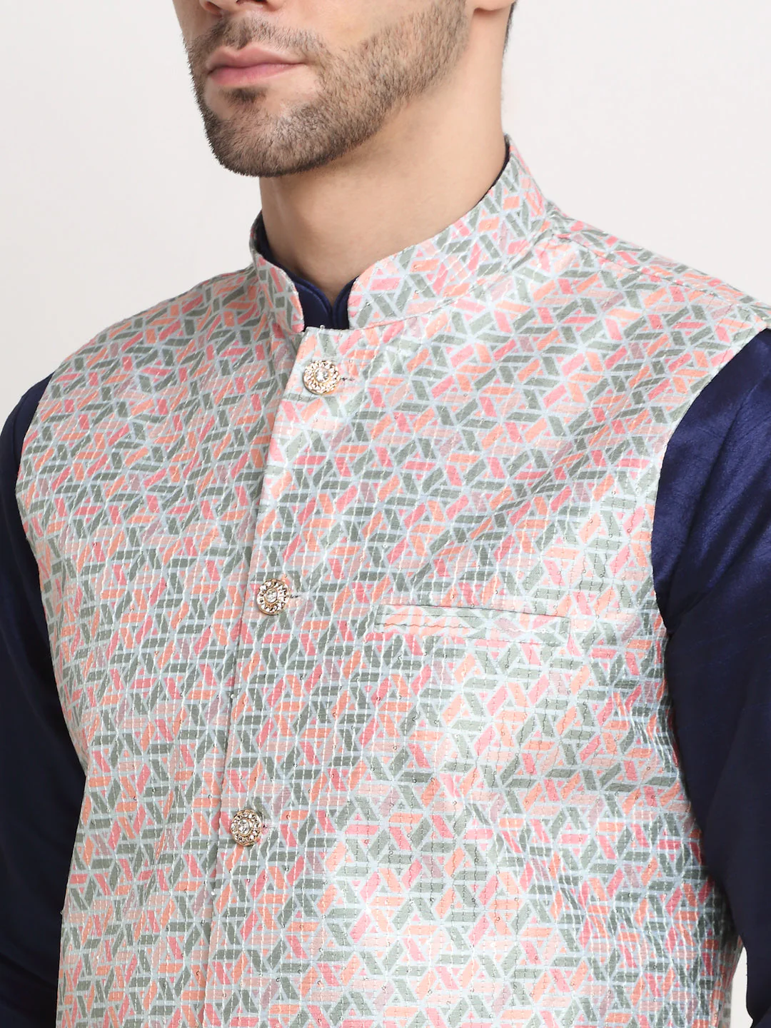 KRAFT INDIA Mens Navy Blue Silk Blend Kurta and churidar with Green embroided Sequenced Nehru jacket - Image 4