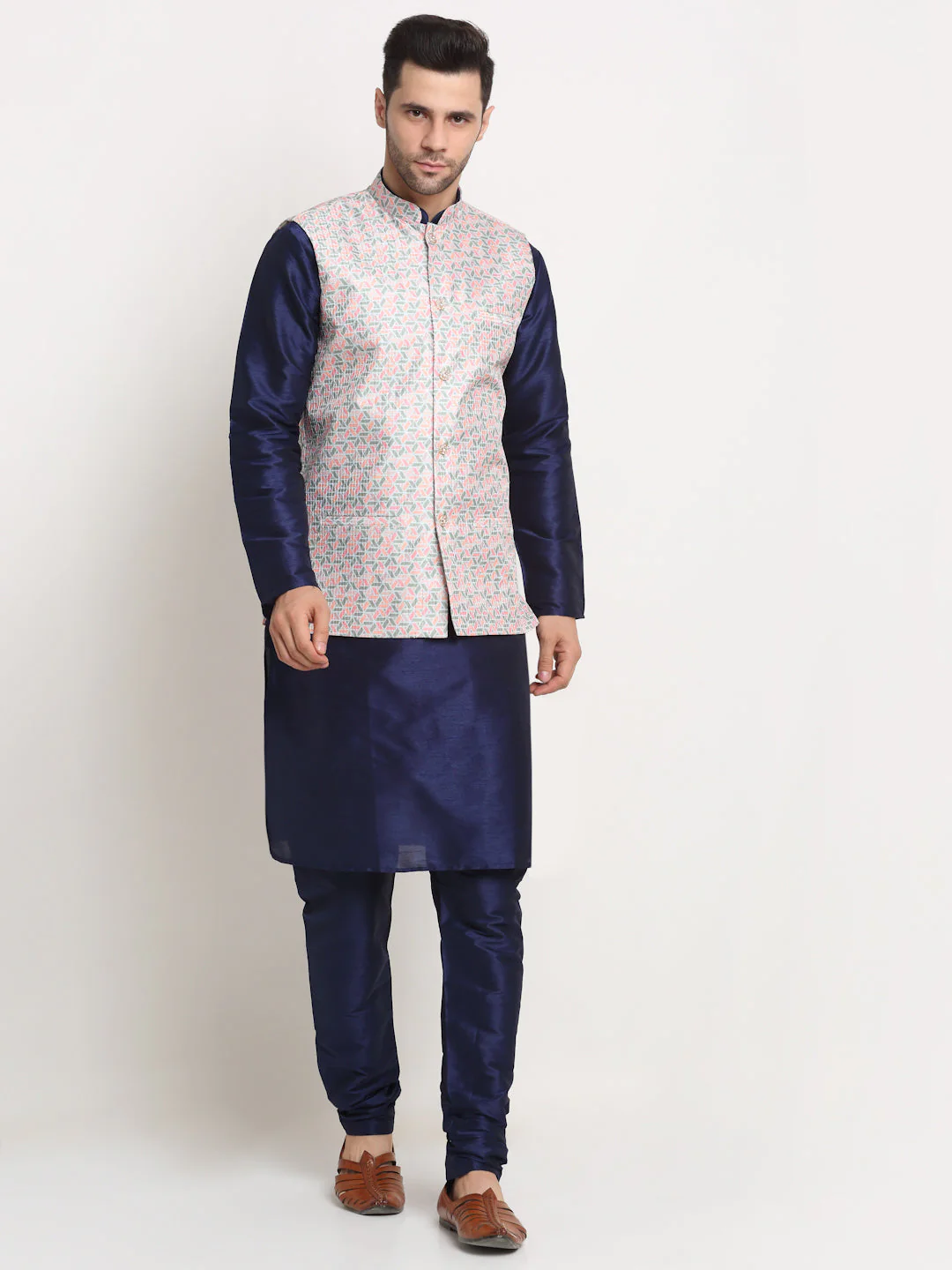 KRAFT INDIA Mens Navy Blue Silk Blend Kurta and churidar with Green embroided Sequenced Nehru jacket - Image 41
