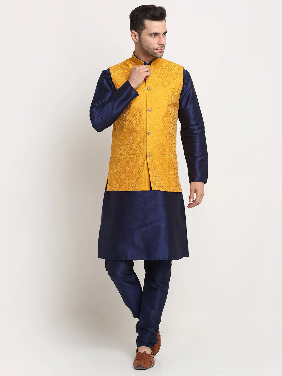 KRAFT INDIA Mens Navy Blue Silk Blend Kurta and churidar with Paisley Nehru jacket - Image 109