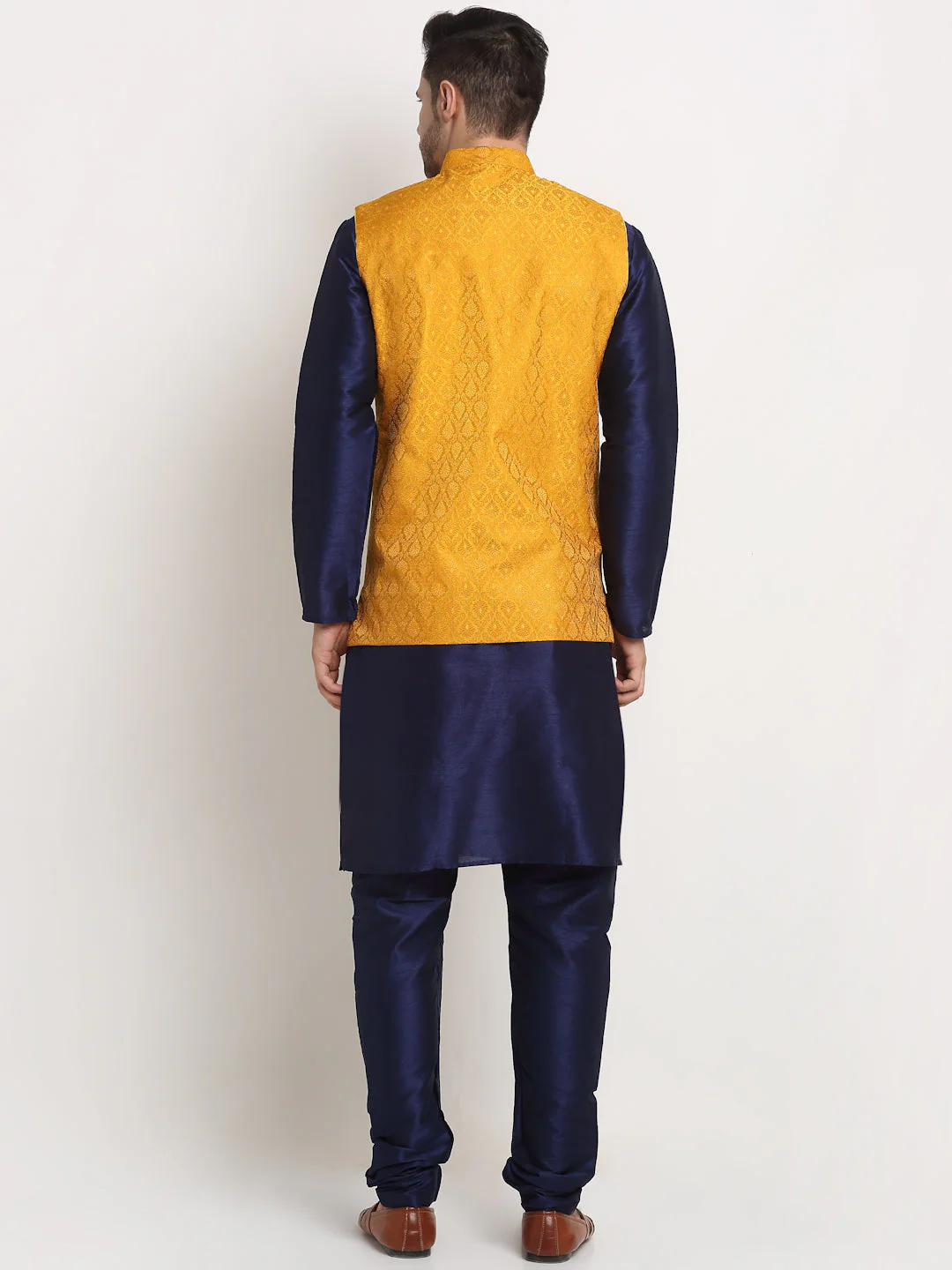 KRAFT INDIA Mens Navy Blue Silk Blend Kurta and churidar with Paisley Nehru jacket - Image 2