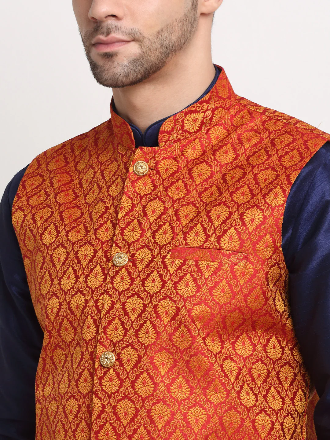 KRAFT INDIA Mens Navy Blue Silk Blend Kurta and churidar with Paisley Nehru jacket - Image 20