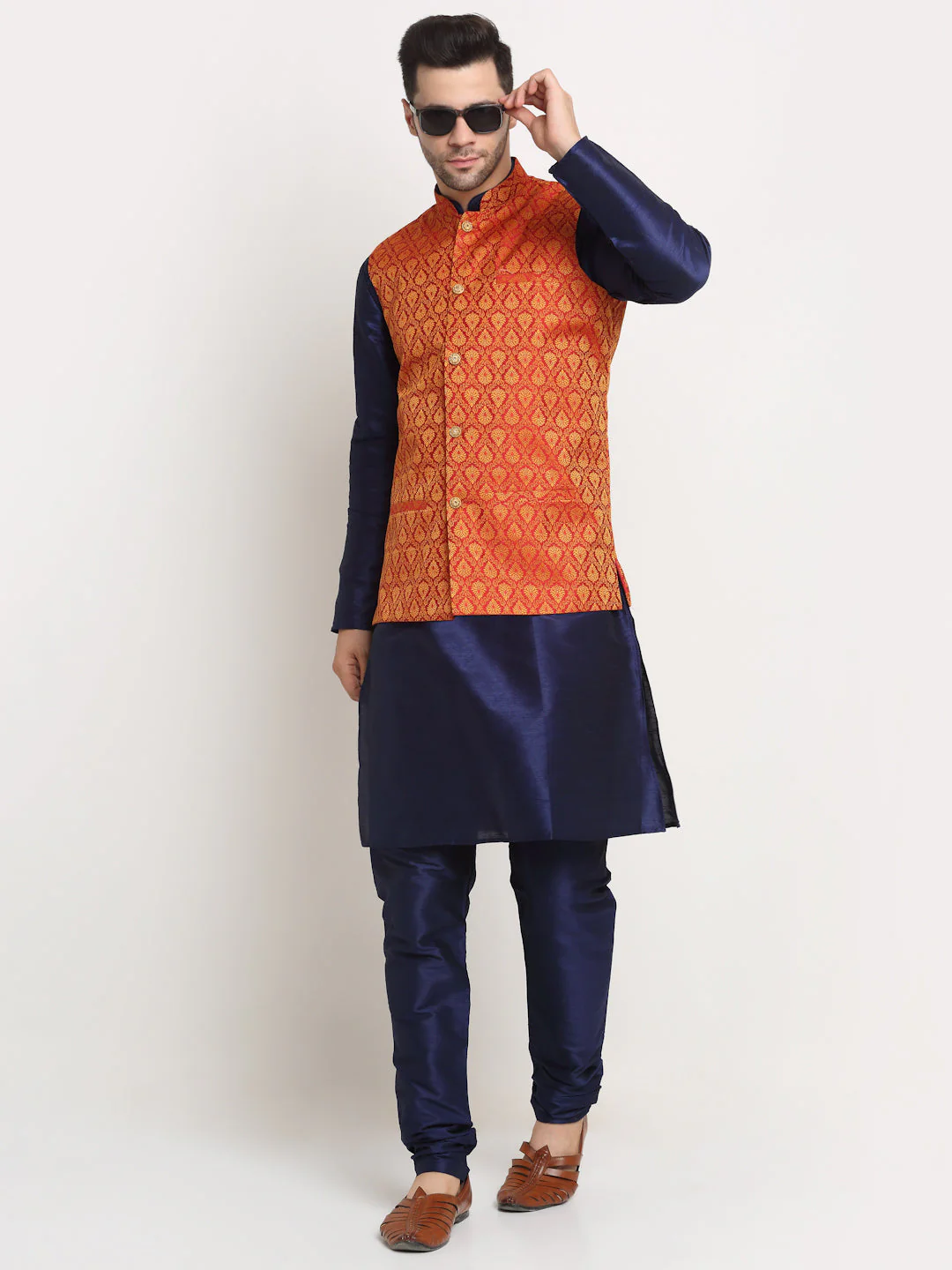 KRAFT INDIA Mens Navy Blue Silk Blend Kurta and churidar with Paisley Nehru jacket - Image 21