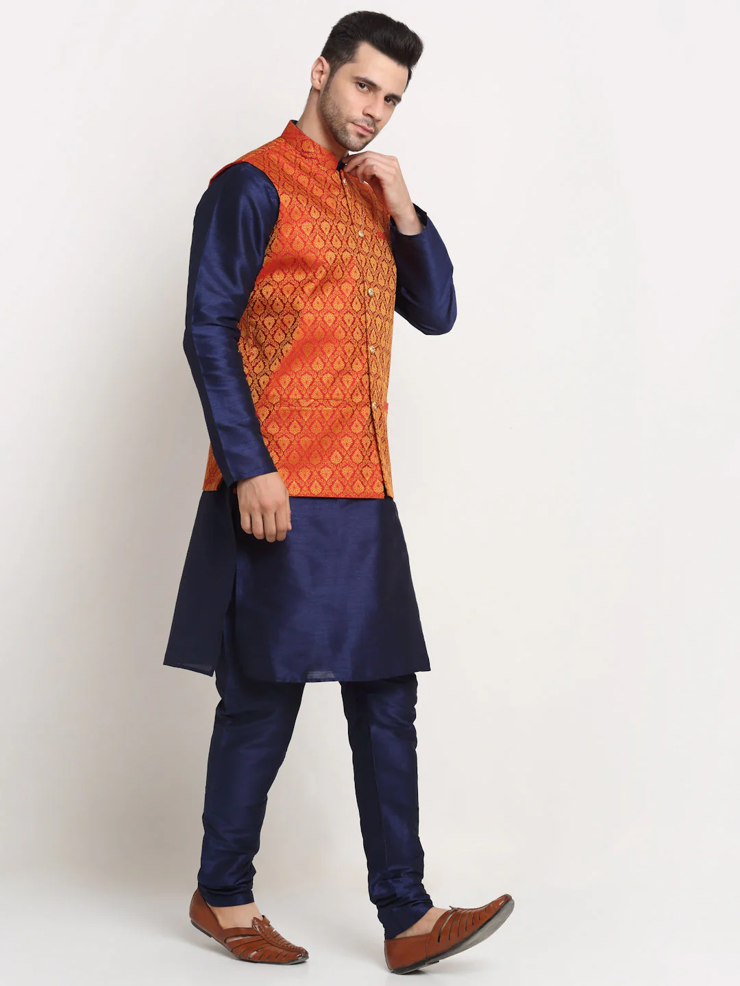 KRAFT INDIA Mens Navy Blue Silk Blend Kurta and churidar with Paisley Nehru jacket - Image 59