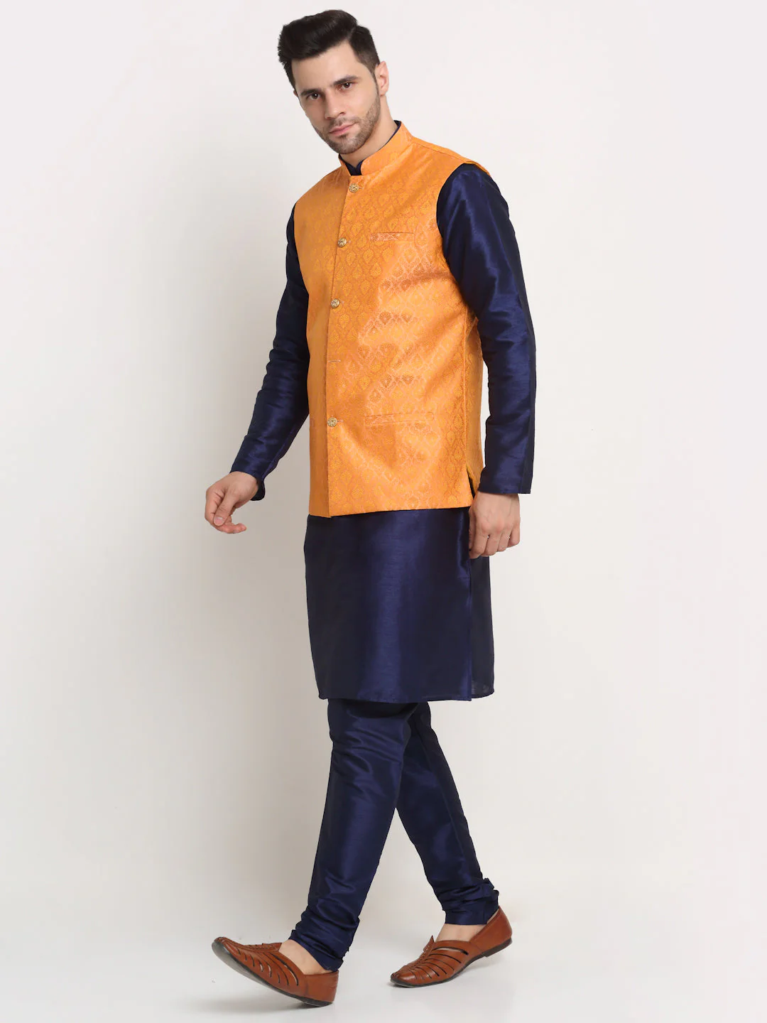 KRAFT INDIA Mens Navy Blue Silk Blend Kurta and churidar with Paisley Nehru jacket - Image 9