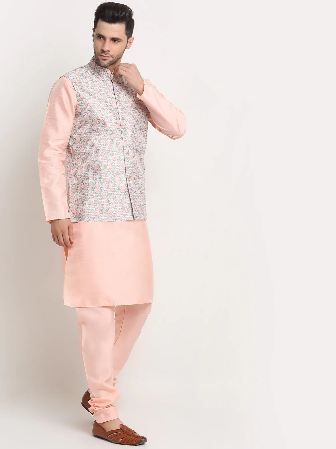 KRAFT INDIA Mens Peach Silk Blend Kurta and churidar with embroided Nehru jacket - Image 11