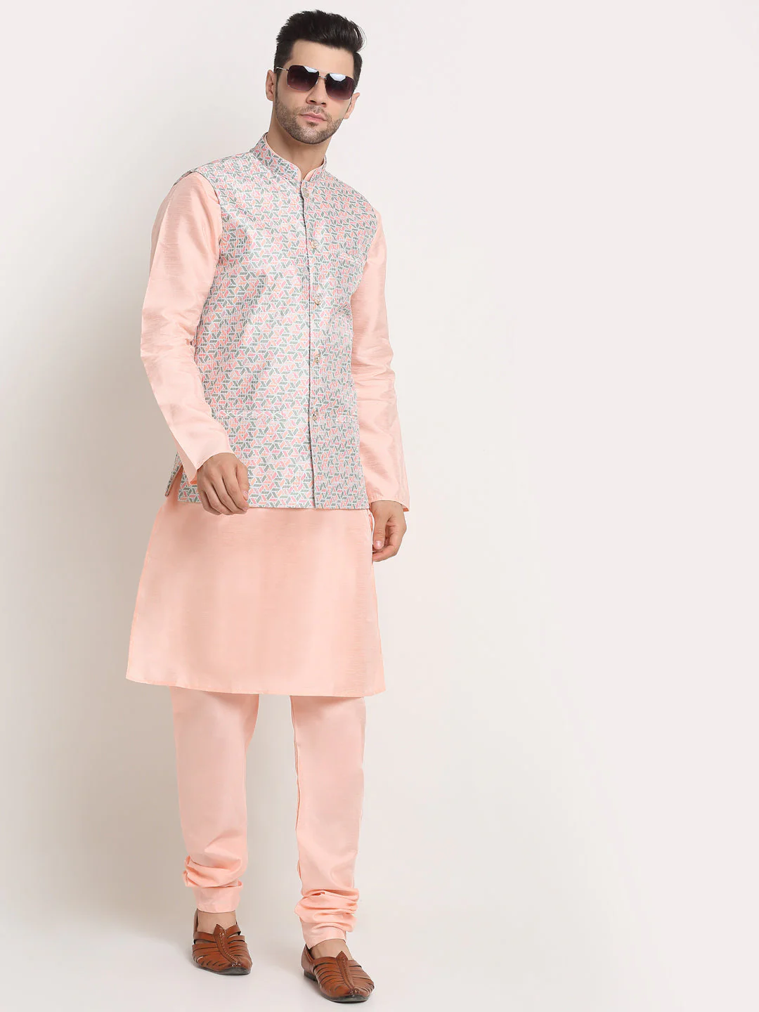 KRAFT INDIA Mens Peach Silk Blend Kurta and churidar with embroided Nehru jacket - Image 13