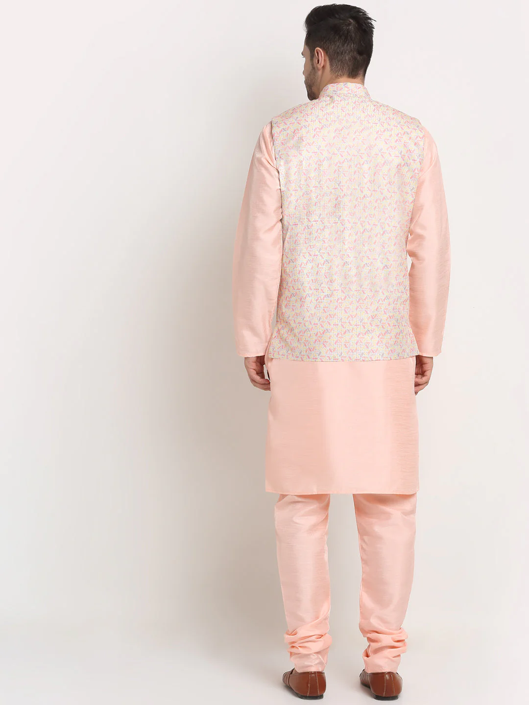 KRAFT INDIA Mens Peach Silk Blend Kurta and churidar with embroided Nehru jacket - Image 18