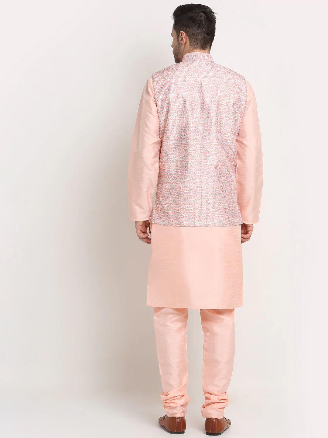 KRAFT INDIA Mens Peach Silk Blend Kurta and churidar with embroided Nehru jacket - Image 2