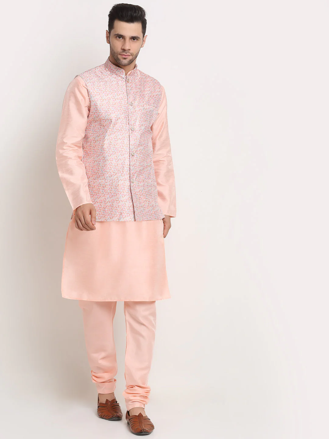 KRAFT INDIA Mens Peach Silk Blend Kurta and churidar with embroided Nehru jacket - Image 209
