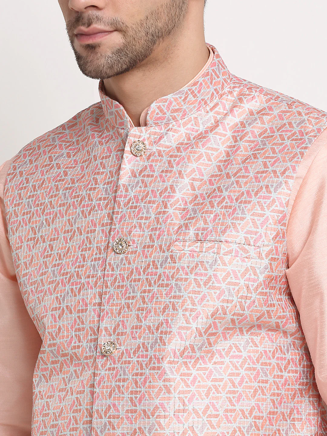 KRAFT INDIA Mens Peach Silk Blend Kurta and churidar with embroided Nehru jacket - Image 4