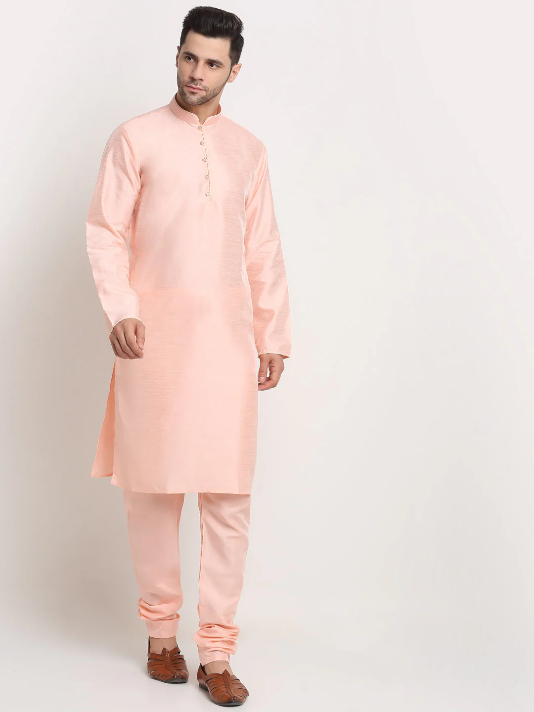 KRAFT INDIA Mens Peach Silk Blend Kurta and churidar with embroided Nehru jacket - Image 6