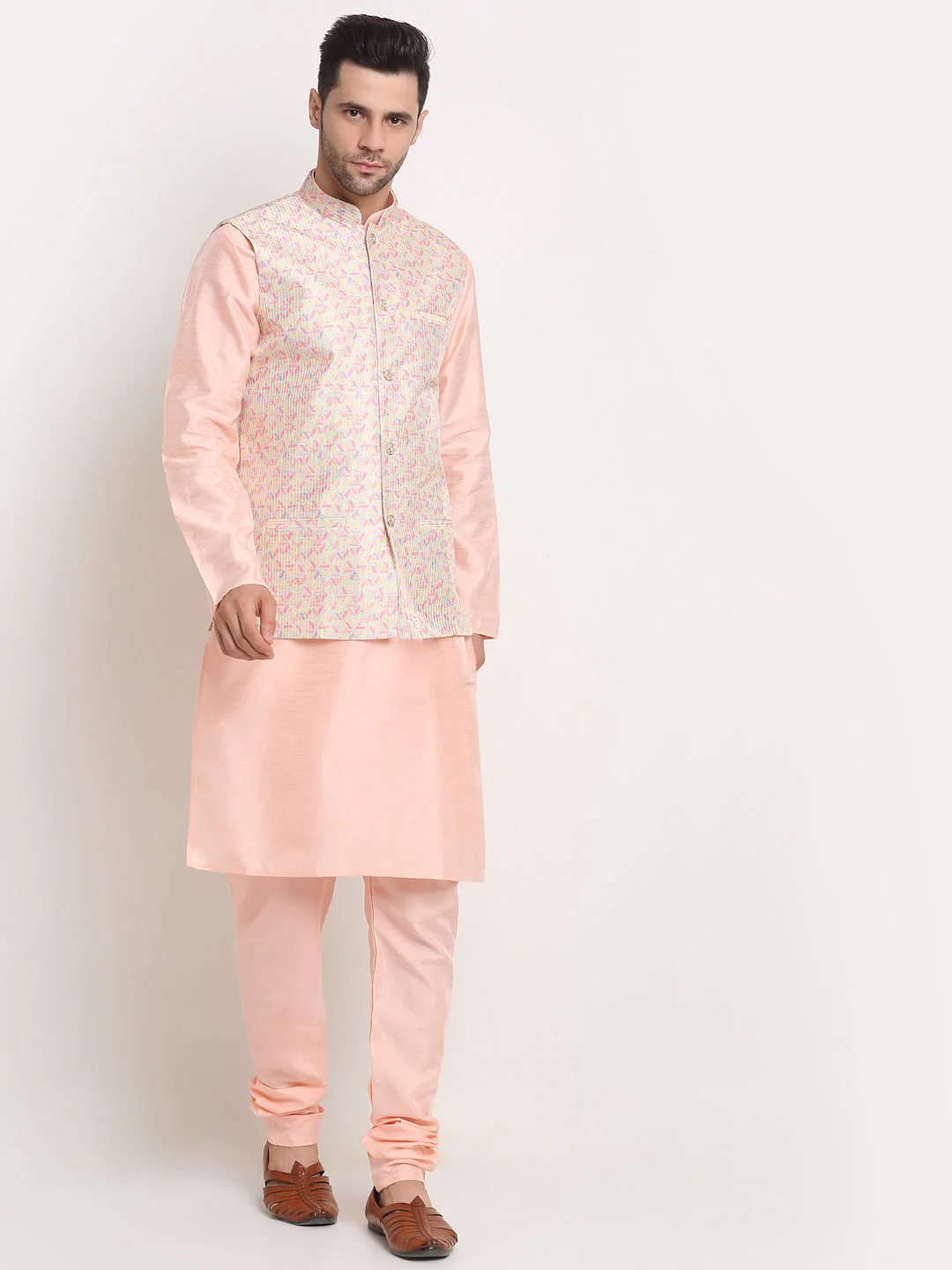 KRAFT INDIA Mens Peach Silk Blend Kurta and churidar with embroided Nehru jacket - Image 72