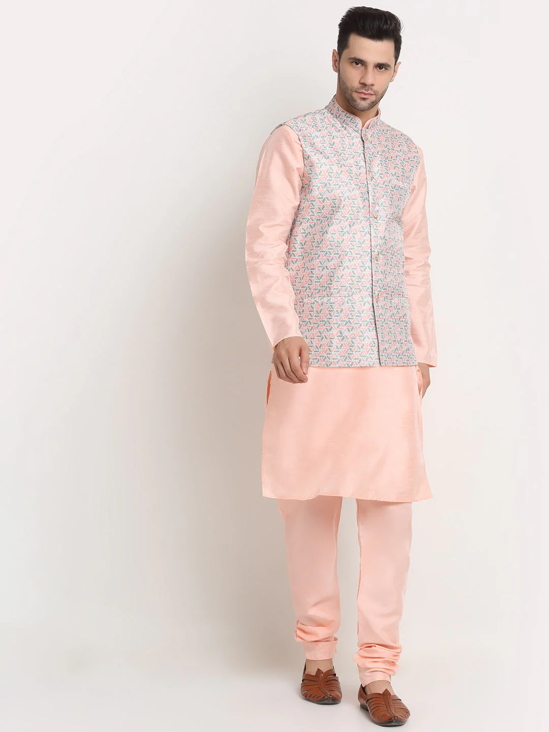 KRAFT INDIA Mens Peach Silk Blend Kurta and churidar with embroided Nehru jacket - Image 75
