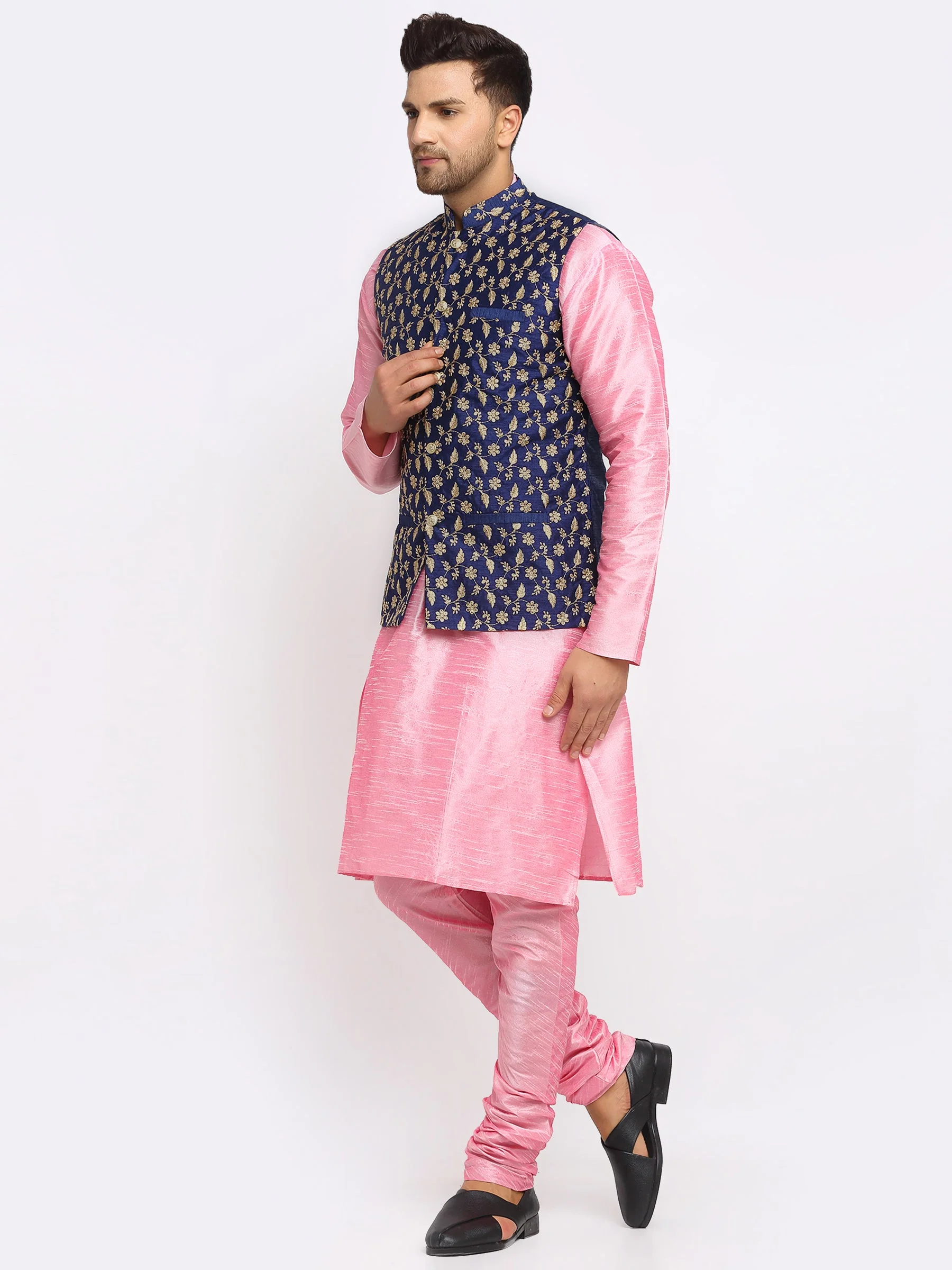 KRAFT INDIA Mens Pink Kurta and churidar with embroided Zari Nehru jacket - Image 3