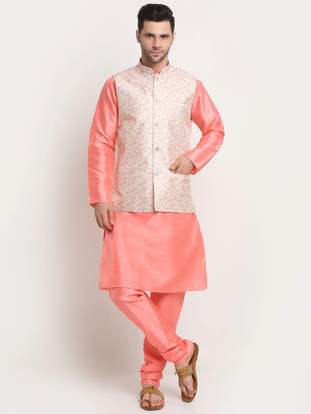 KRAFT INDIA Mens Pink Silk Blend Kurta and churidar with embroided Nehru jacket - Image 100