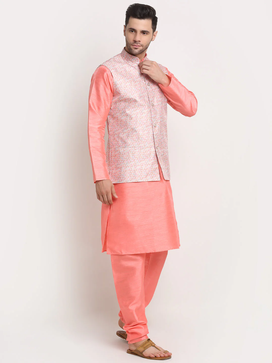 KRAFT INDIA Mens Pink Silk Blend Kurta and churidar with embroided Nehru jacket - Image 19