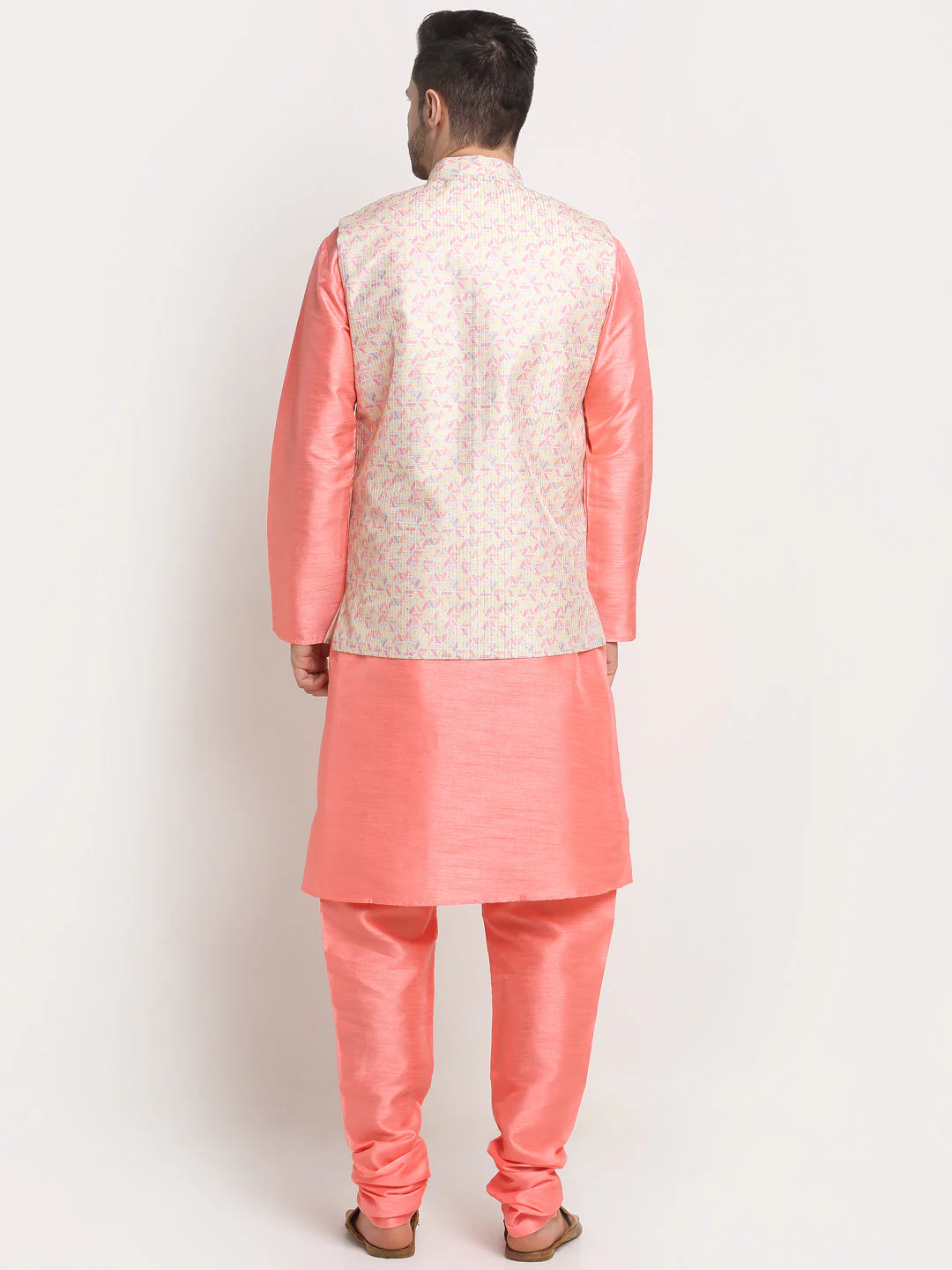 KRAFT INDIA Mens Pink Silk Blend Kurta and churidar with embroided Nehru jacket - Image 2