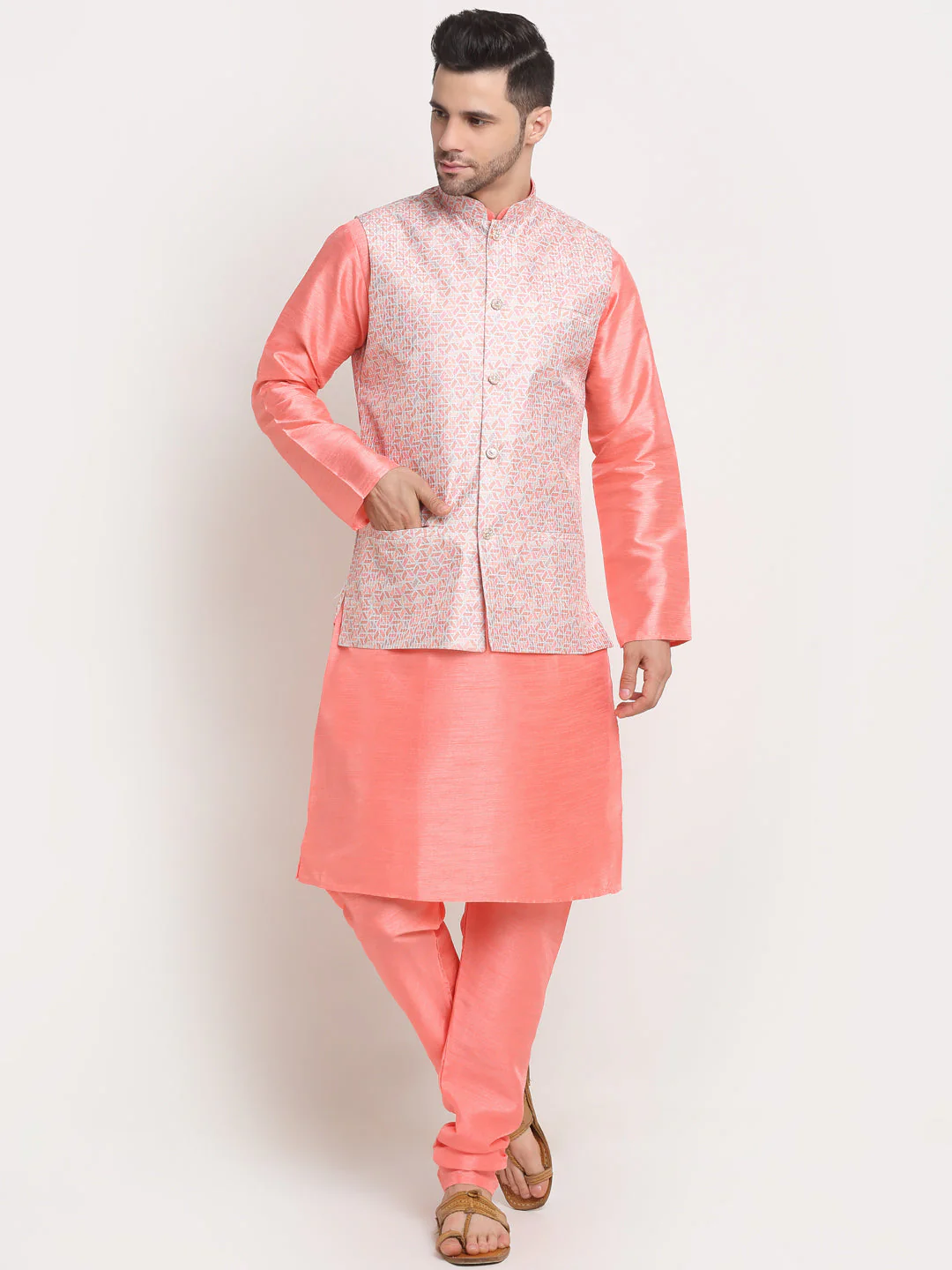 KRAFT INDIA Mens Pink Silk Blend Kurta and churidar with embroided Nehru jacket - Image 36