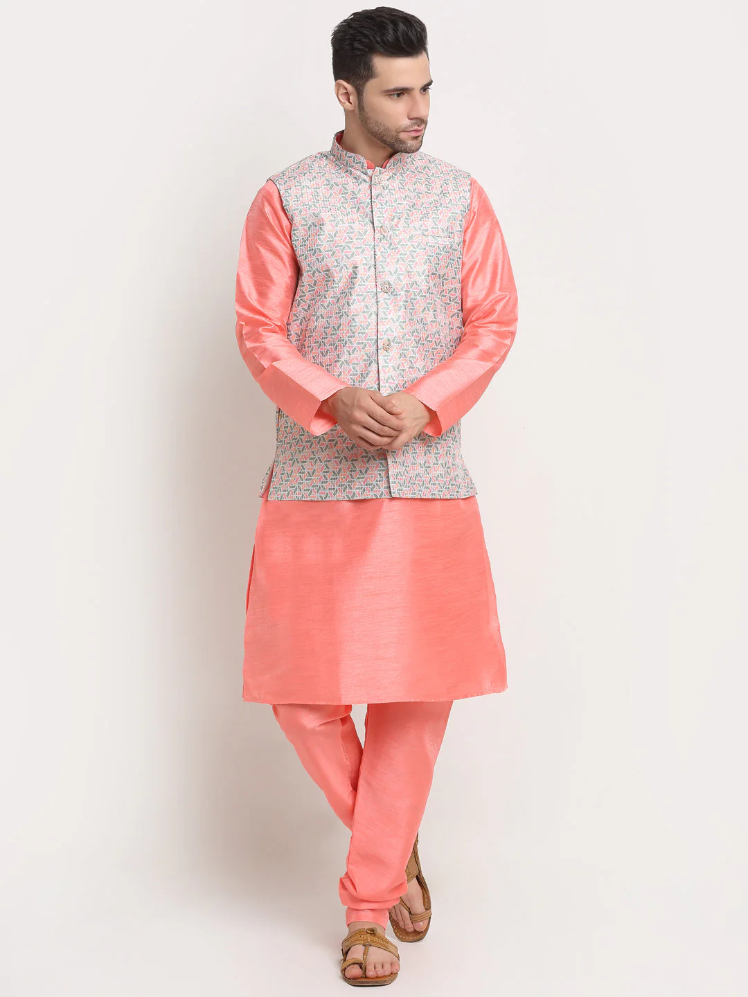 KRAFT INDIA Mens Pink Silk Blend Kurta and churidar with embroided Nehru jacket - Image 49