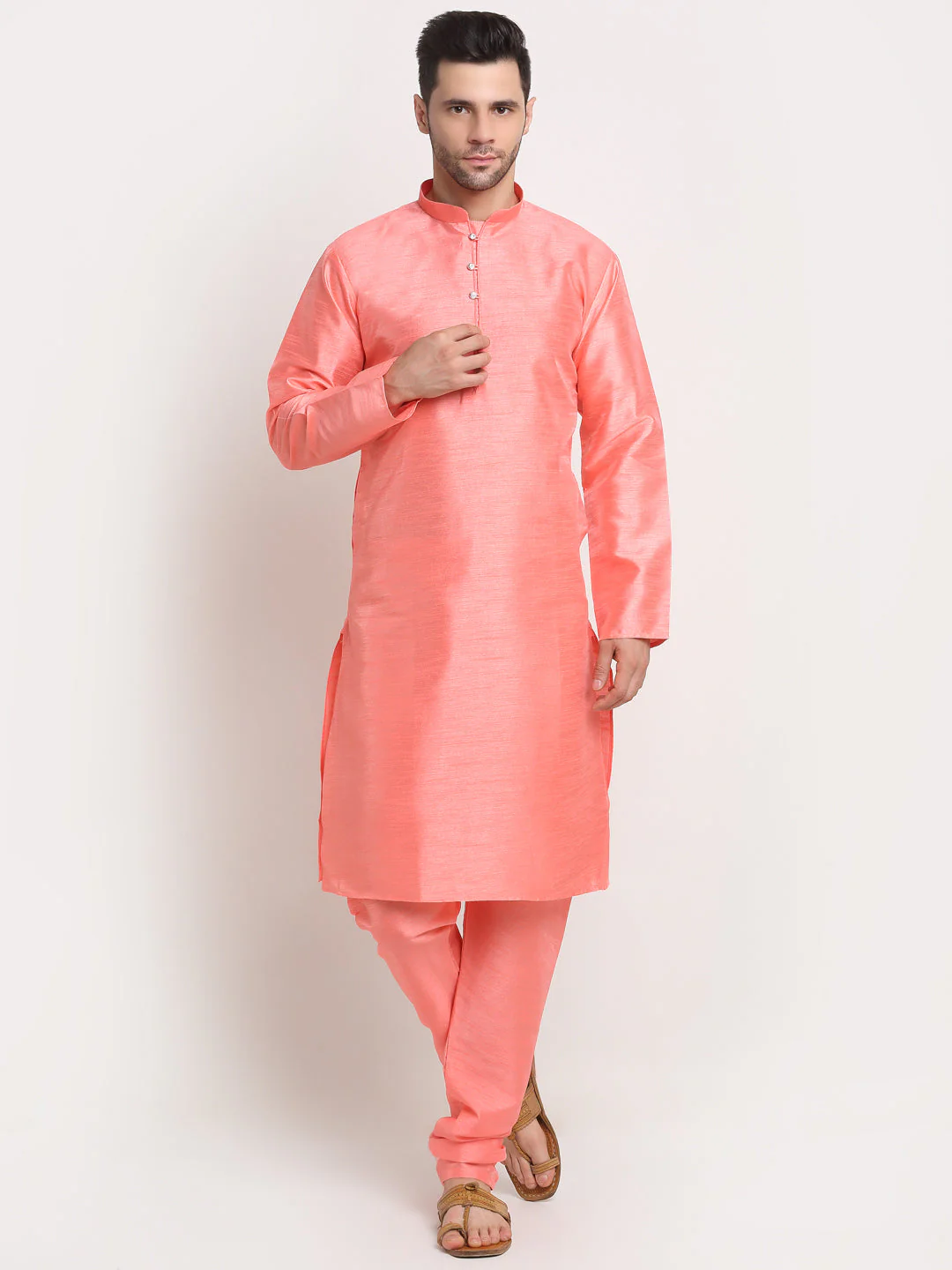 KRAFT INDIA Mens Pink Silk Blend Kurta and churidar with embroided Nehru jacket - Image 6