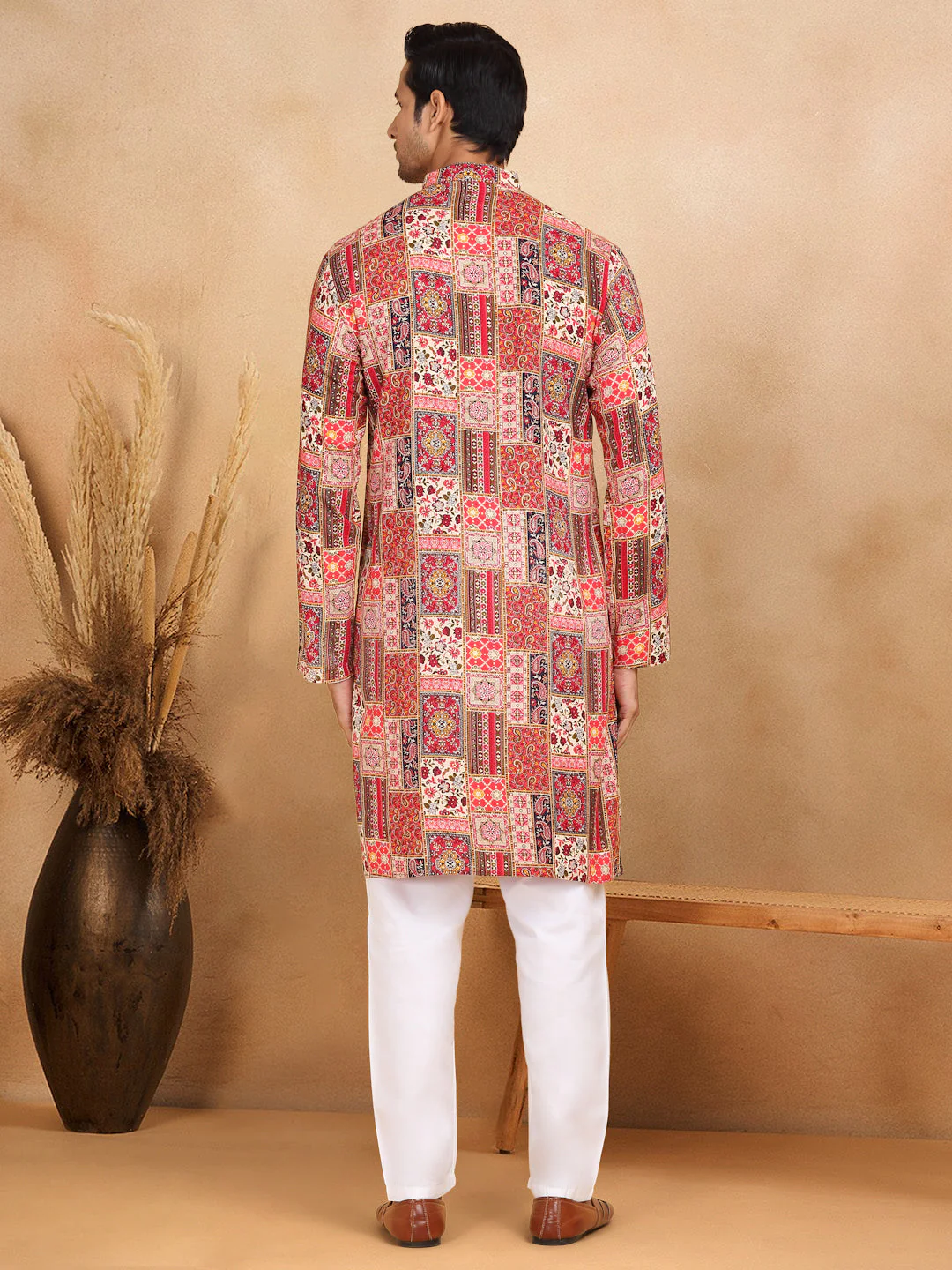 KRAFT INDIA Men's Rayon Ethnic Motif Printed Regular Straight Kurta With Elastic Waistband White Pyjama Set - Image 10