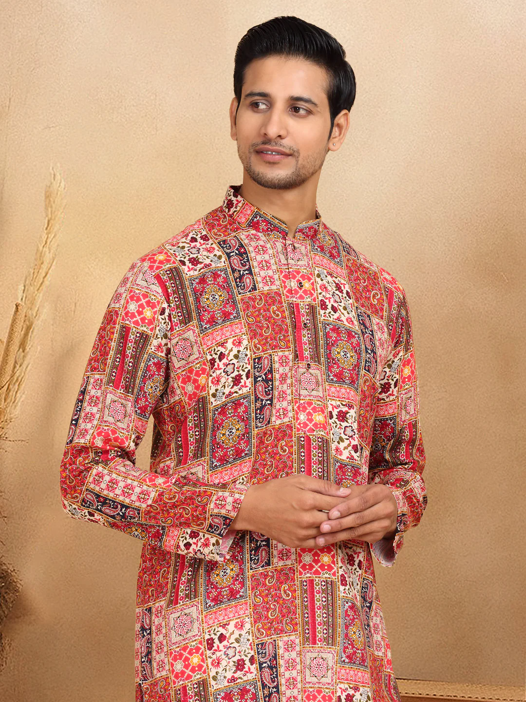 KRAFT INDIA Men's Rayon Ethnic Motif Printed Regular Straight Kurta With Elastic Waistband White Pyjama Set - Image 12