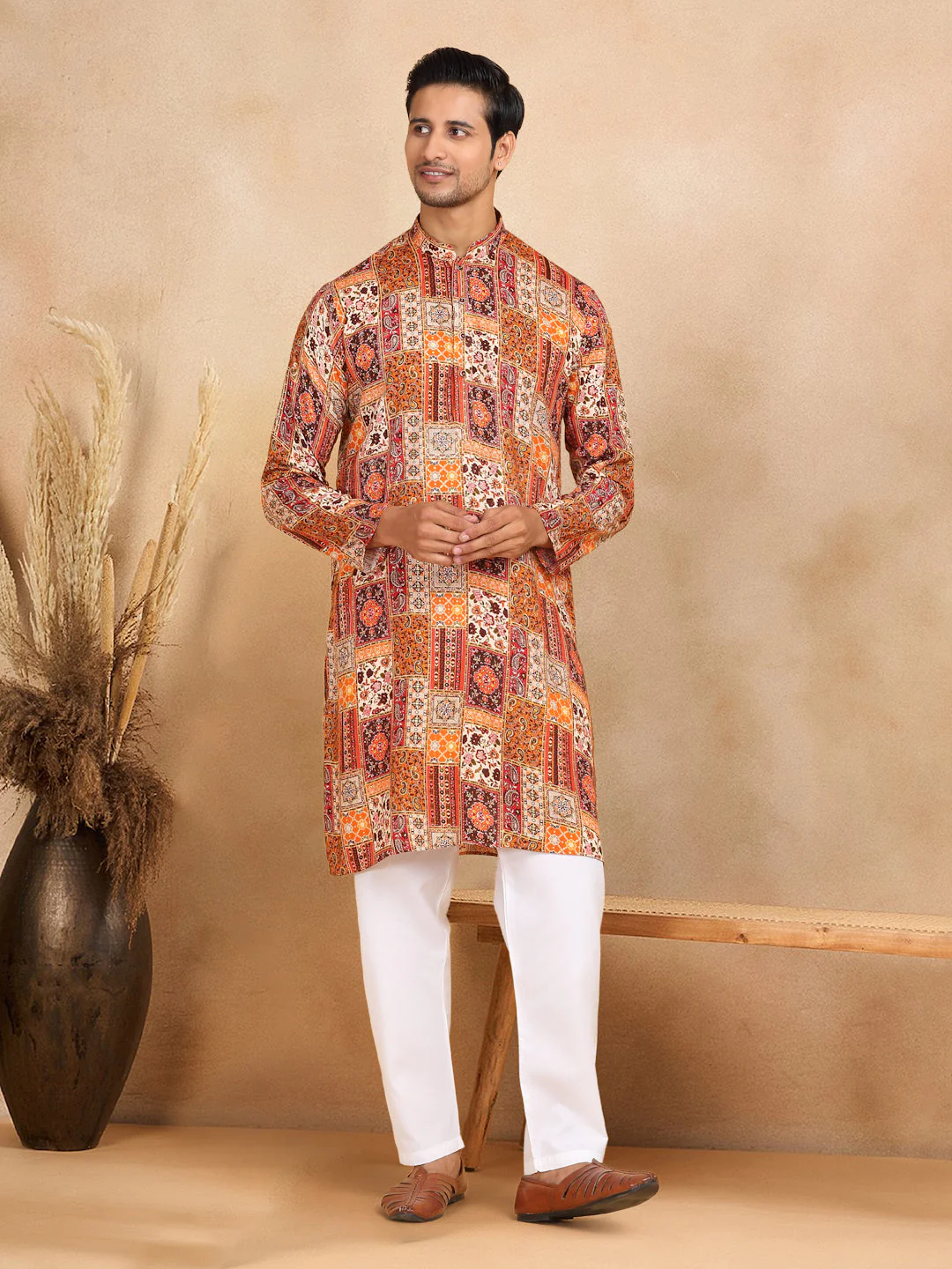 KRAFT INDIA Men's Rayon Ethnic Motif Printed Regular Straight Kurta With Elastic Waistband White Pyjama Set - Image 5