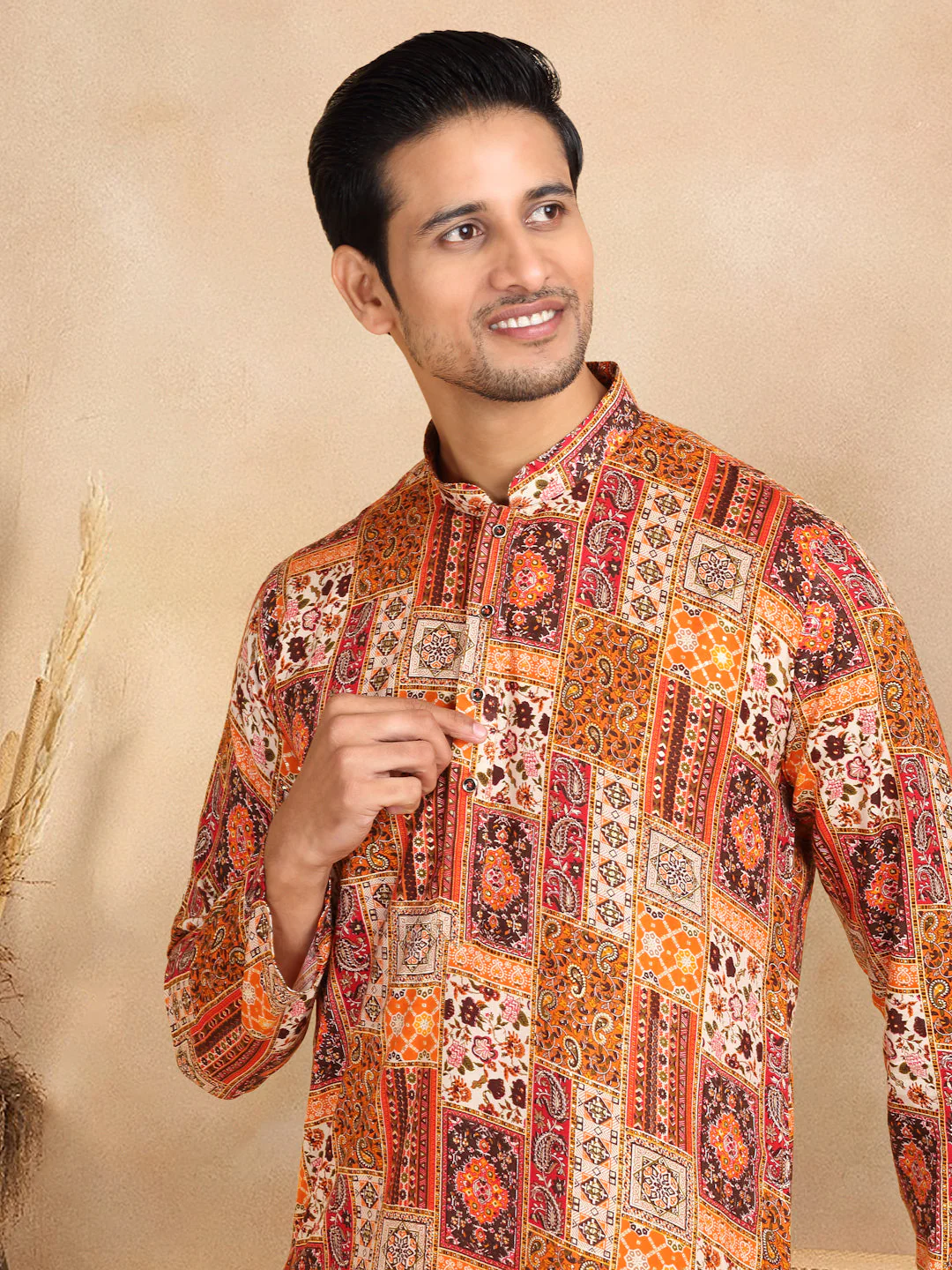 KRAFT INDIA Men's Rayon Ethnic Motif Printed Regular Straight Kurta With Elastic Waistband White Pyjama Set - Image 7