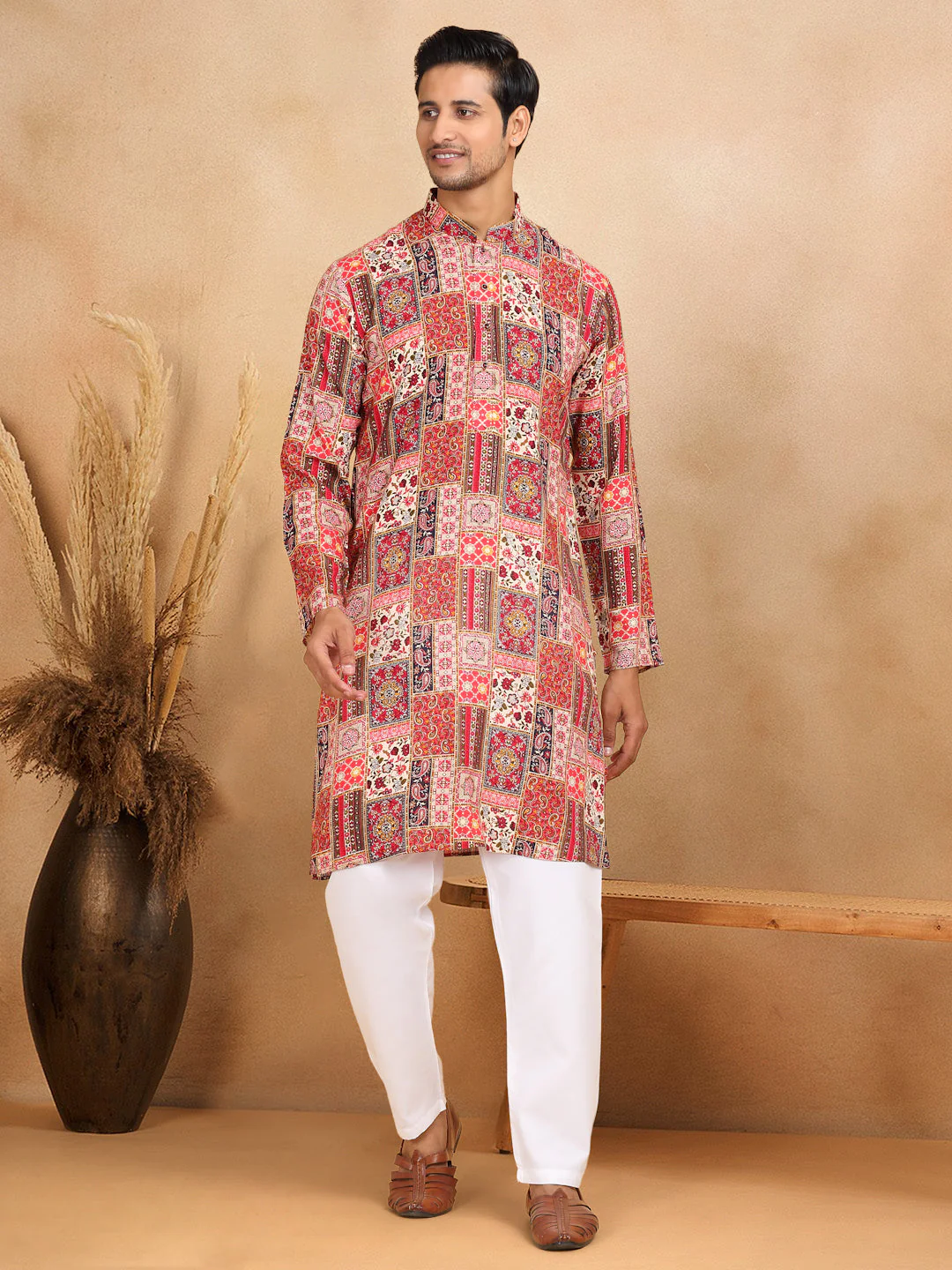 KRAFT INDIA Men's Rayon Ethnic Motif Printed Regular Straight Kurta With Elastic Waistband White Pyjama Set - Image 9