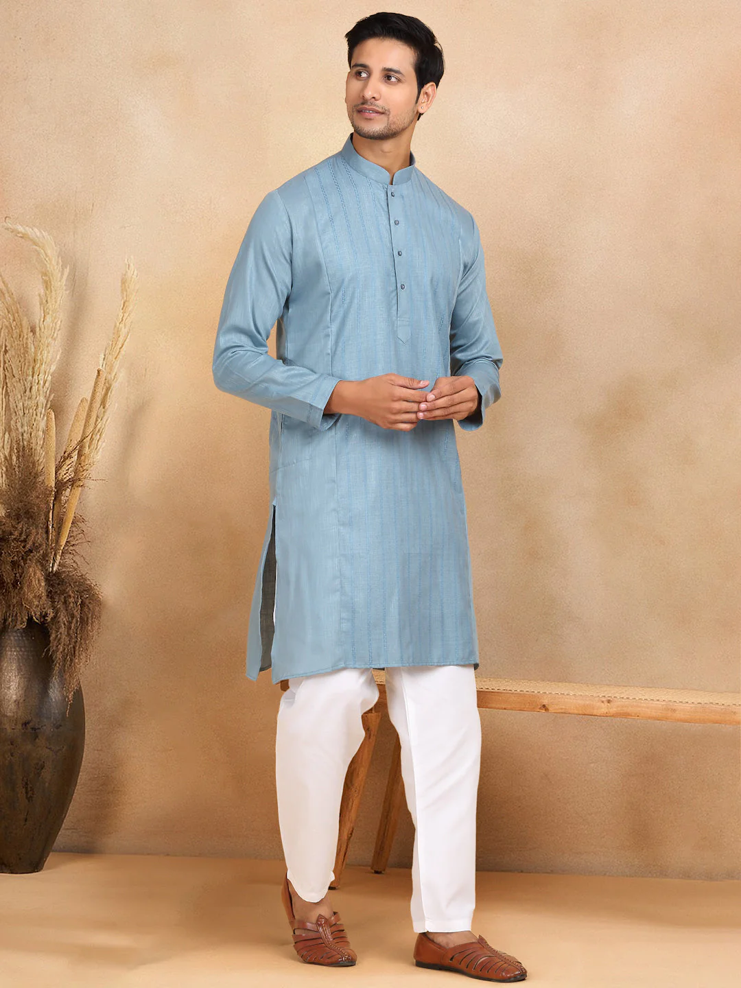 KRAFT INDIA Men's Regular Striped Mandarin Collar Long Sleeve Kurta