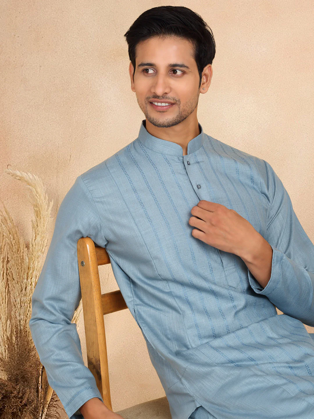 KRAFT INDIA Men's Regular Striped Mandarin Collar Long Sleeve Kurta - Image 5