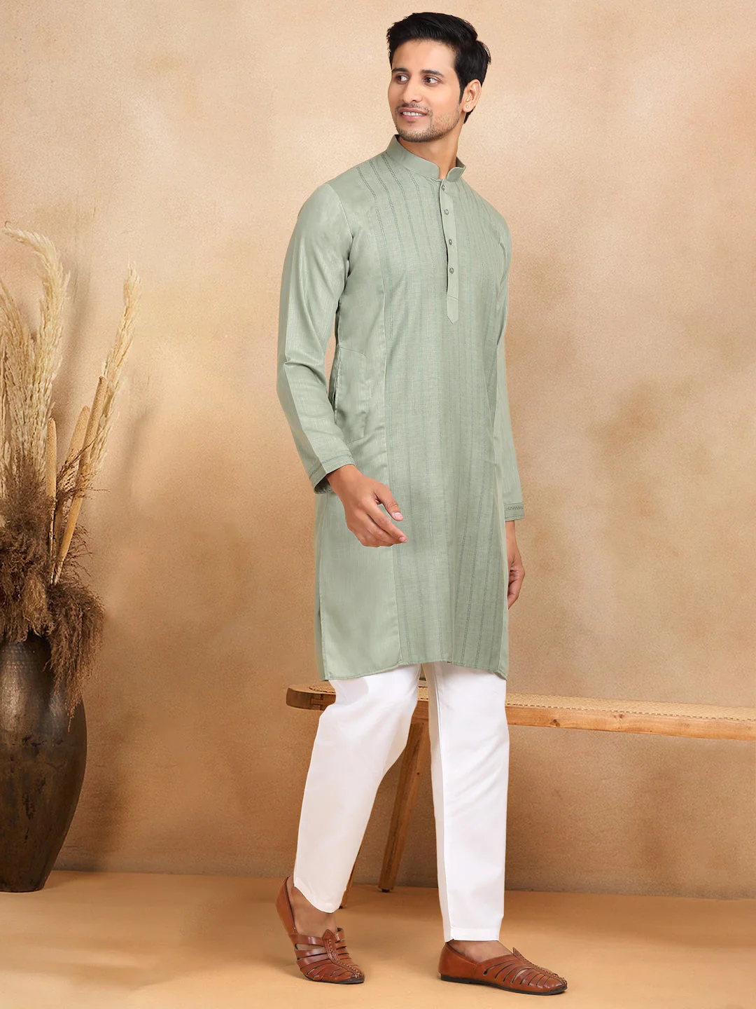 KRAFT INDIA Men's Regular Striped Mandarin Collar Long Sleeve Kurta - Image 6