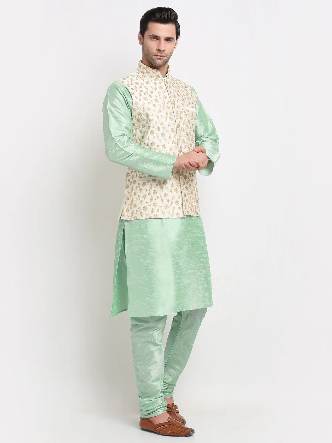 KRAFT INDIA Mens Sea Green Kurta and Churidar with Embroided Zari Cream Nehru jacket - Image 3