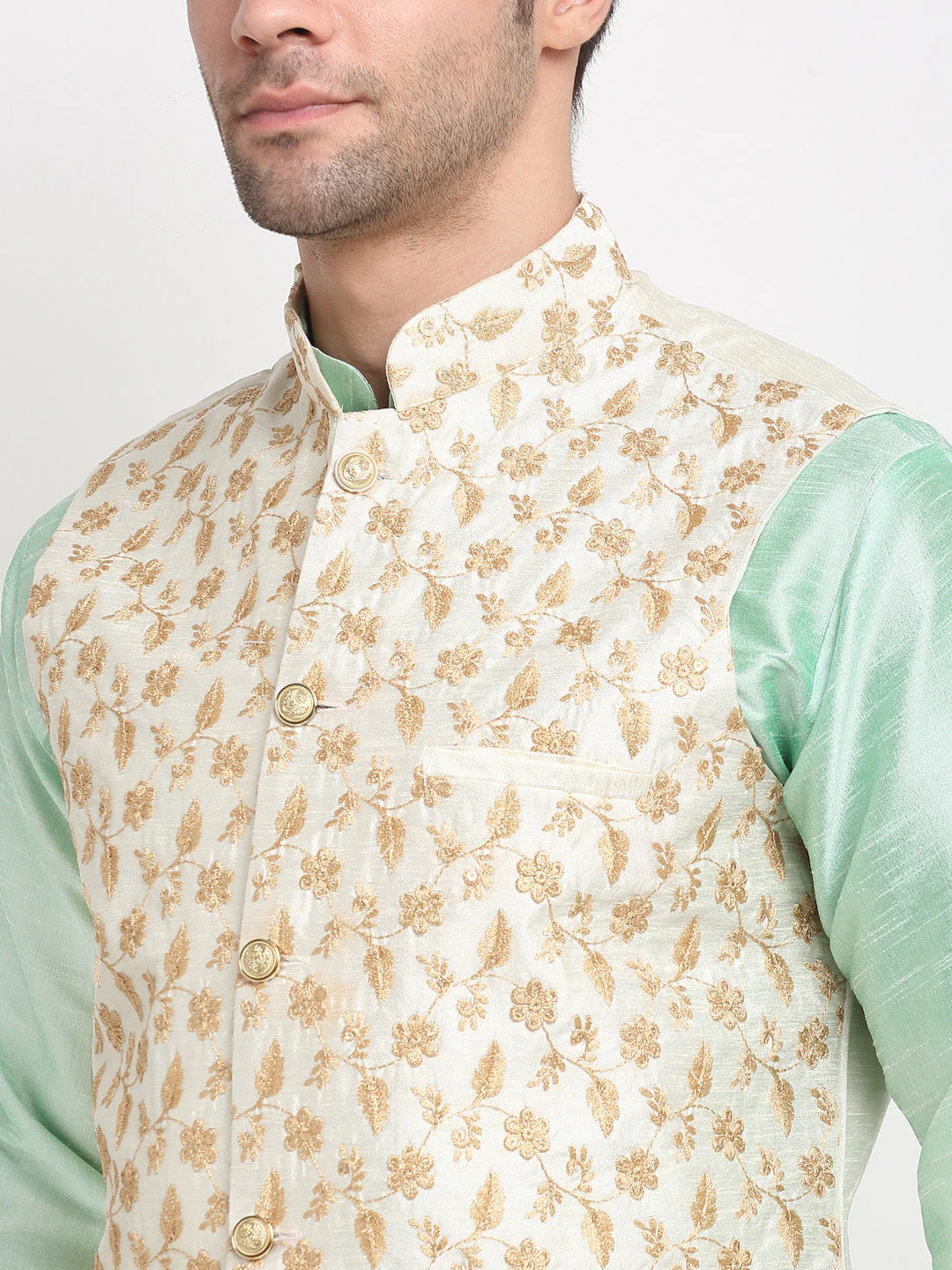 KRAFT INDIA Mens Sea Green Kurta and Churidar with Embroided Zari Cream Nehru jacket - Image 4