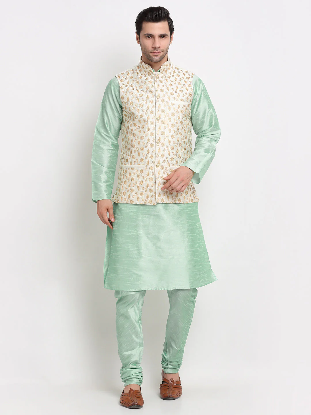 KRAFT INDIA Mens Sea Green Kurta and Churidar with Embroided Zari Cream Nehru jacket - Image 44