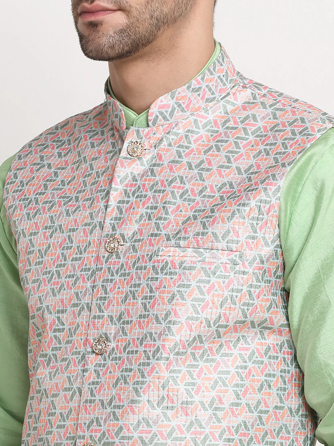 KRAFT INDIA Mens Sea Green Silk Blend Kurta and churidar with embroided Green Nehru jacket - Image 4