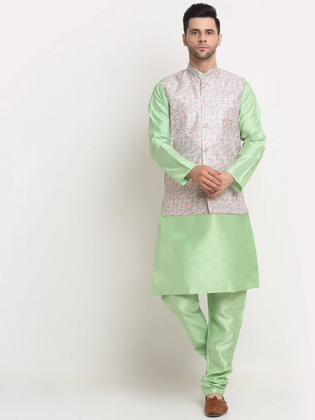 KRAFT INDIA Mens Sea Green Silk Blend Kurta and churidar with embroided Green Nehru jacket - Image 76
