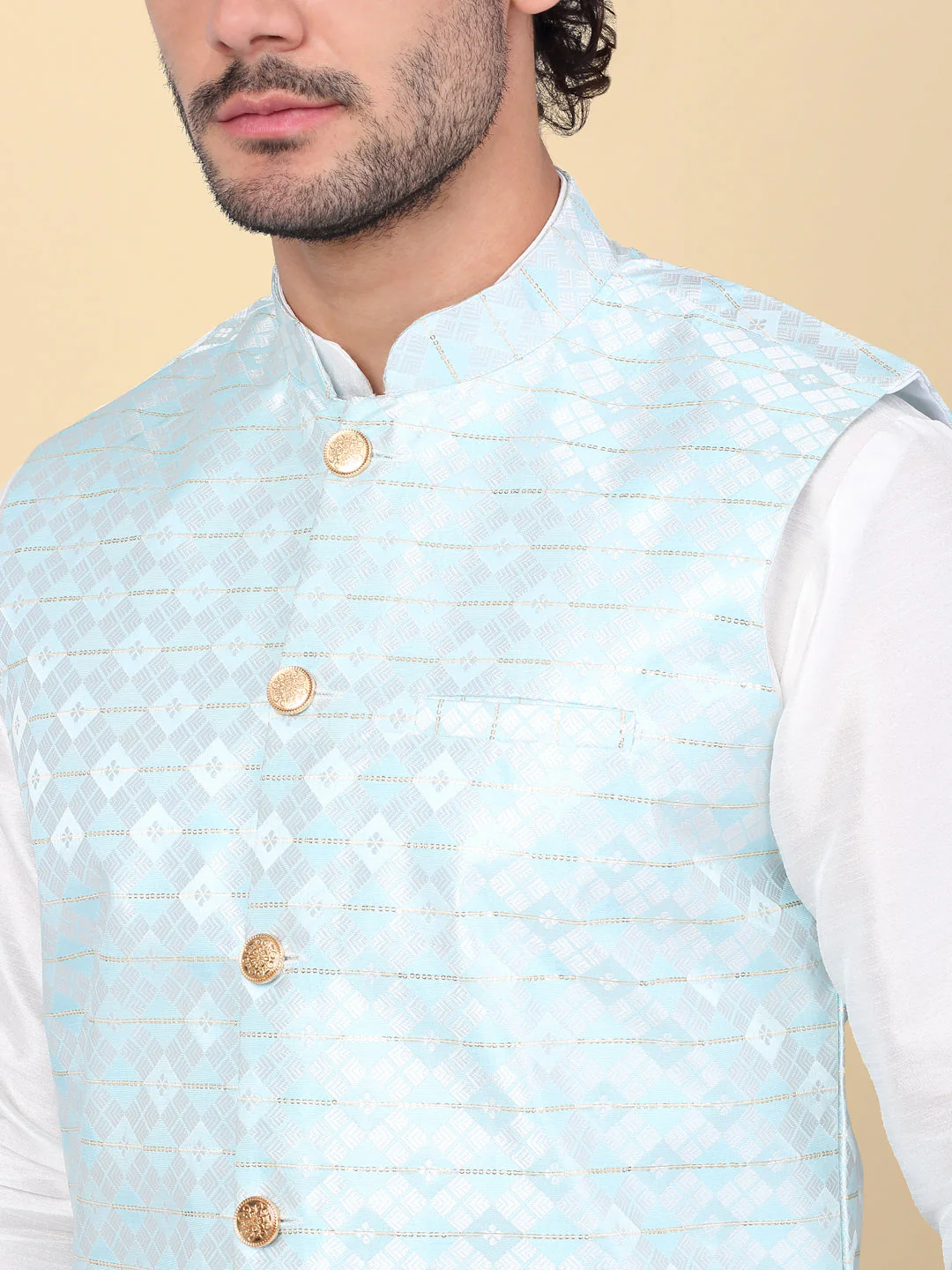 KRAFT INDIA Men's Sequins Silk Jacquard Sleeveless Nehru Jacket - Image 13