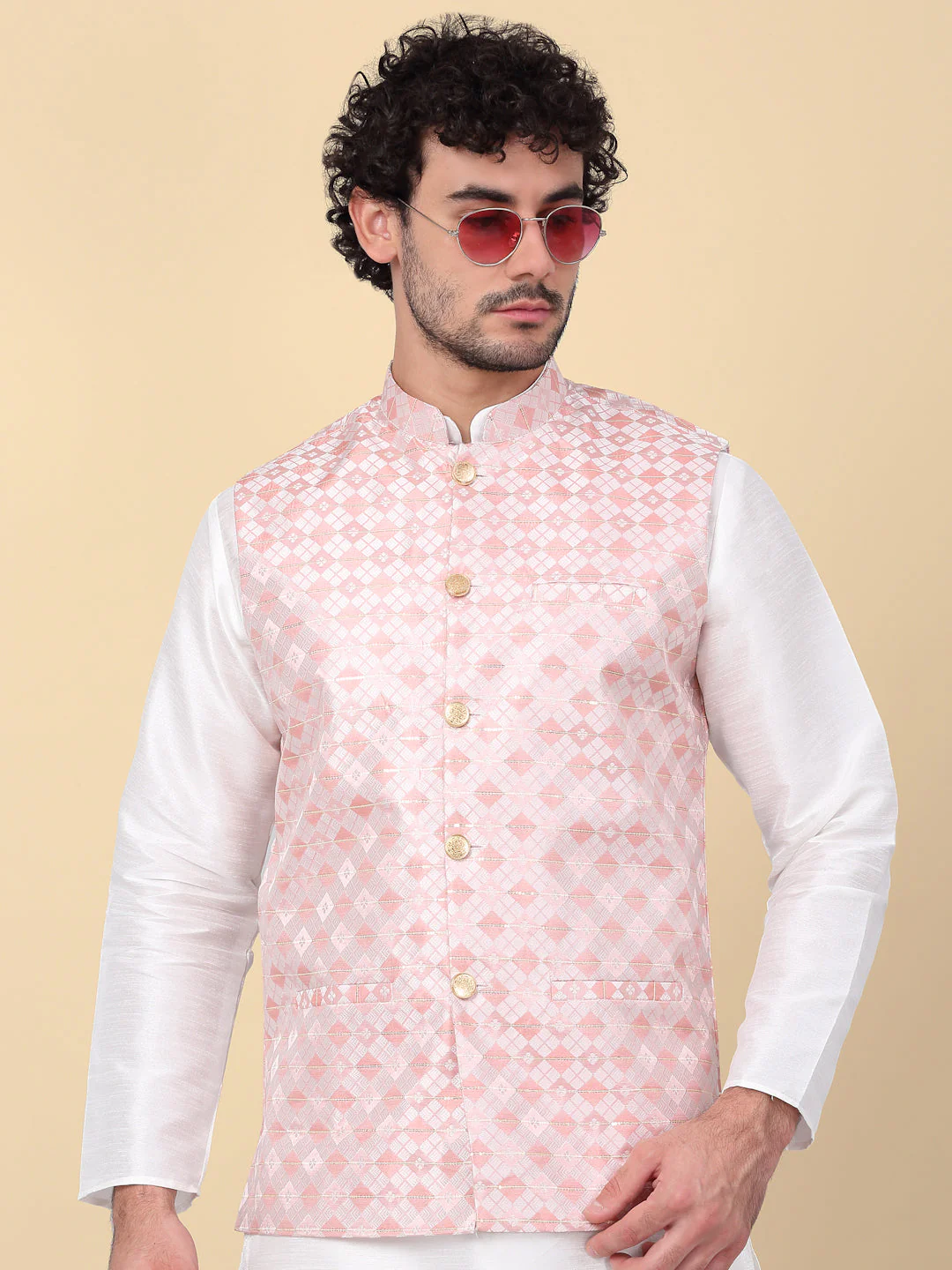 KRAFT INDIA Men's Sequins Silk Jacquard Sleeveless Nehru Jacket - Image 162