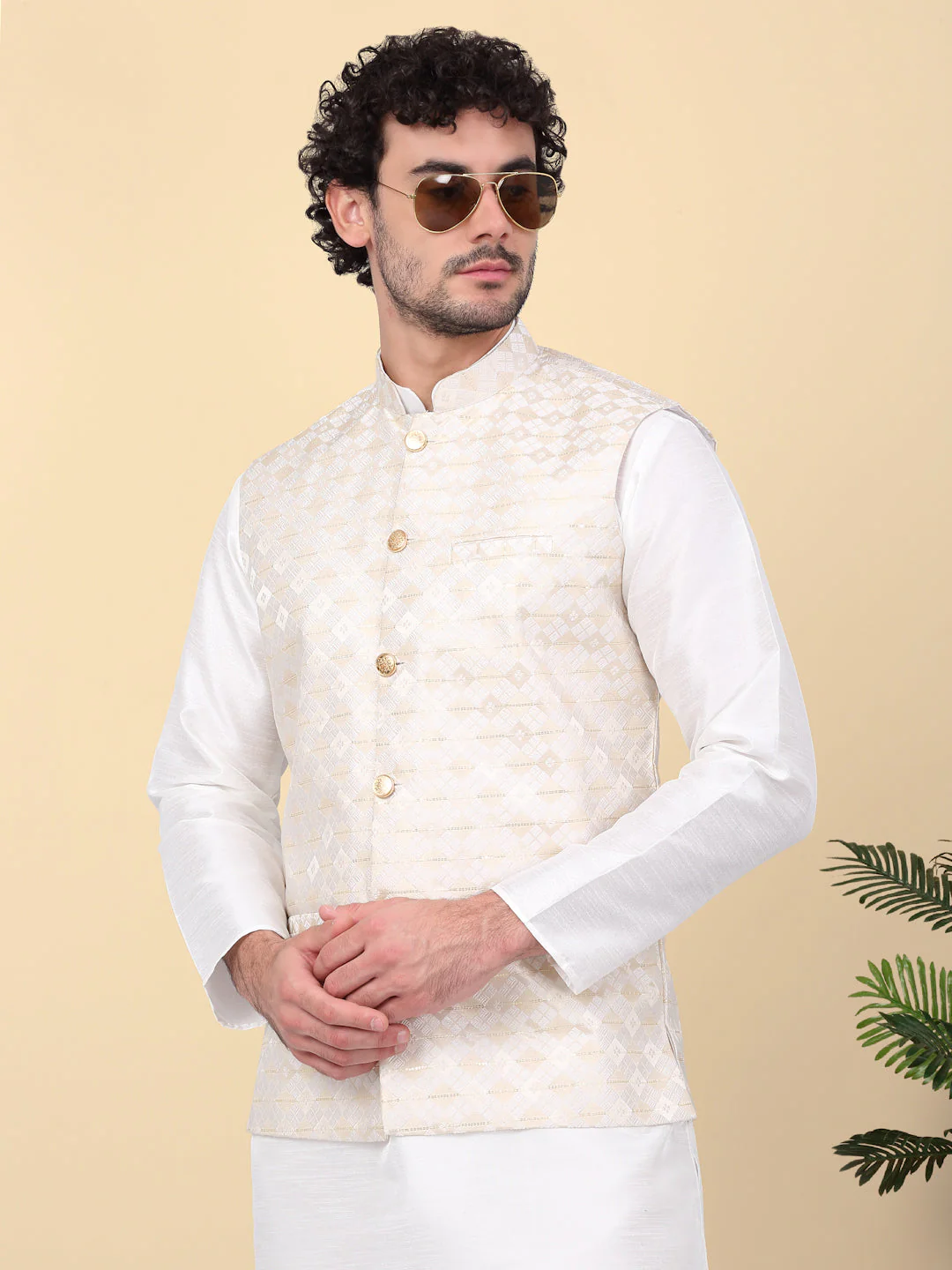 KRAFT INDIA Men's Sequins Silk Jacquard Sleeveless Nehru Jacket - Image 170