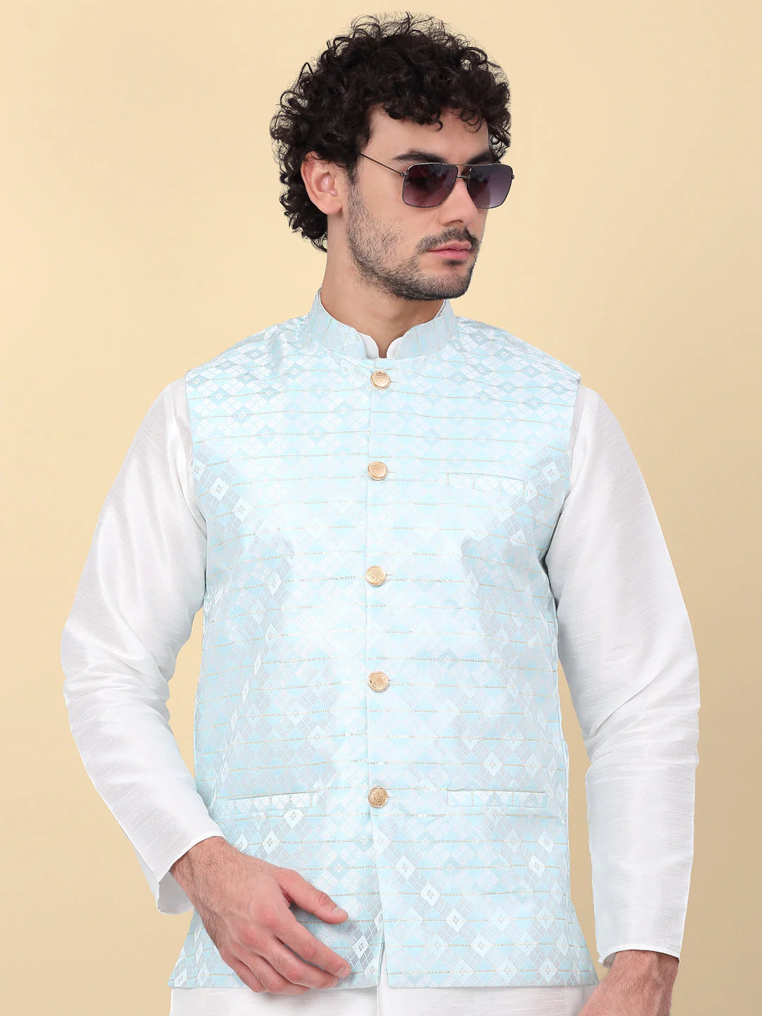 KRAFT INDIA Men's Sequins Silk Jacquard Sleeveless Nehru Jacket - Image 80