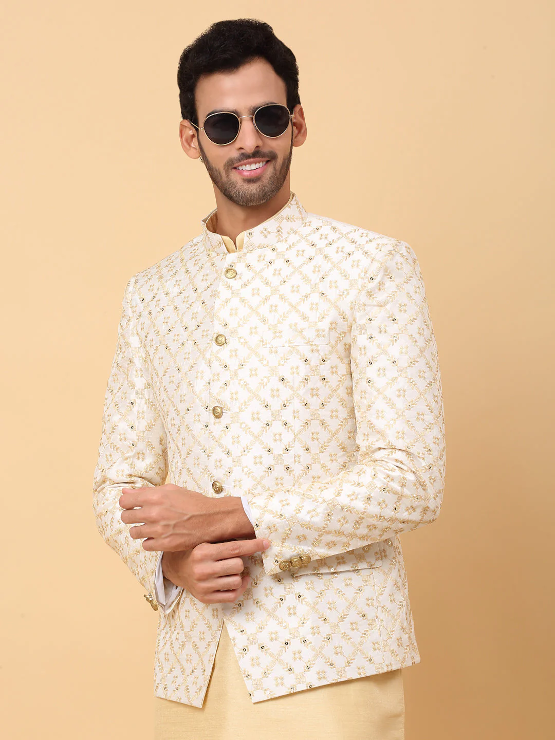 KRAFT INDIA Men's Silk Beige Kurta Churidar With Embroidered Zari Bandhgala Suit/Coat - Image 10
