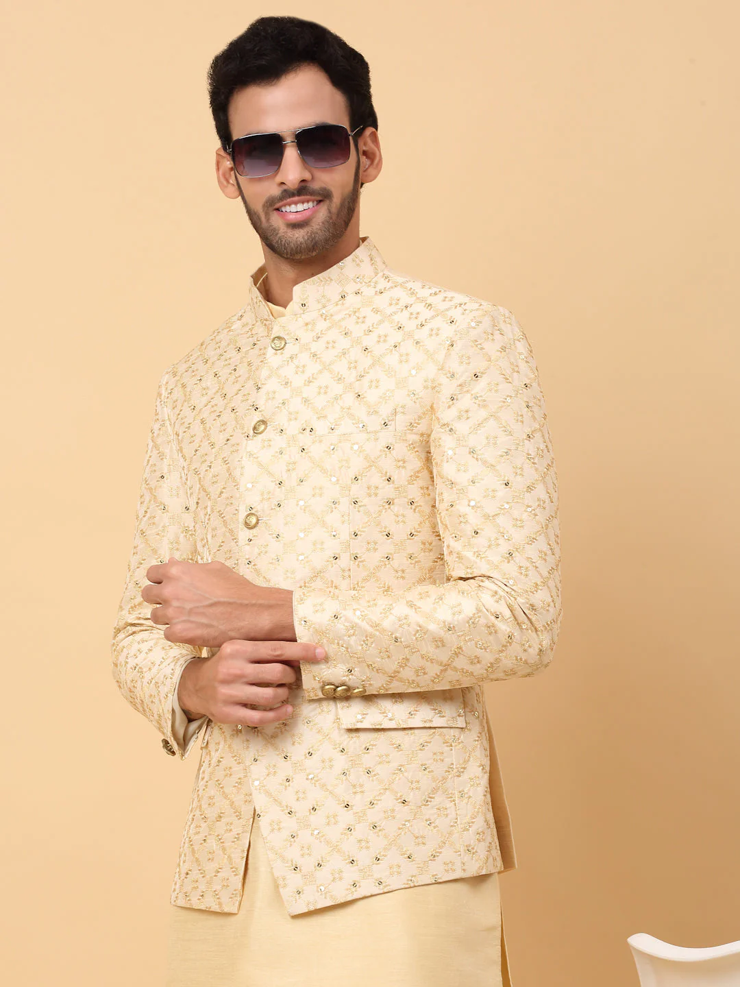 KRAFT INDIA Men's Silk Beige Kurta Churidar With Embroidered Zari Bandhgala Suit/Coat - Image 15
