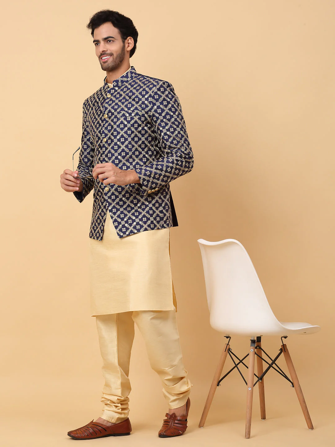 KRAFT INDIA Men's Silk Beige Kurta Churidar With Embroidered Zari Bandhgala Suit/Coat - Image 16
