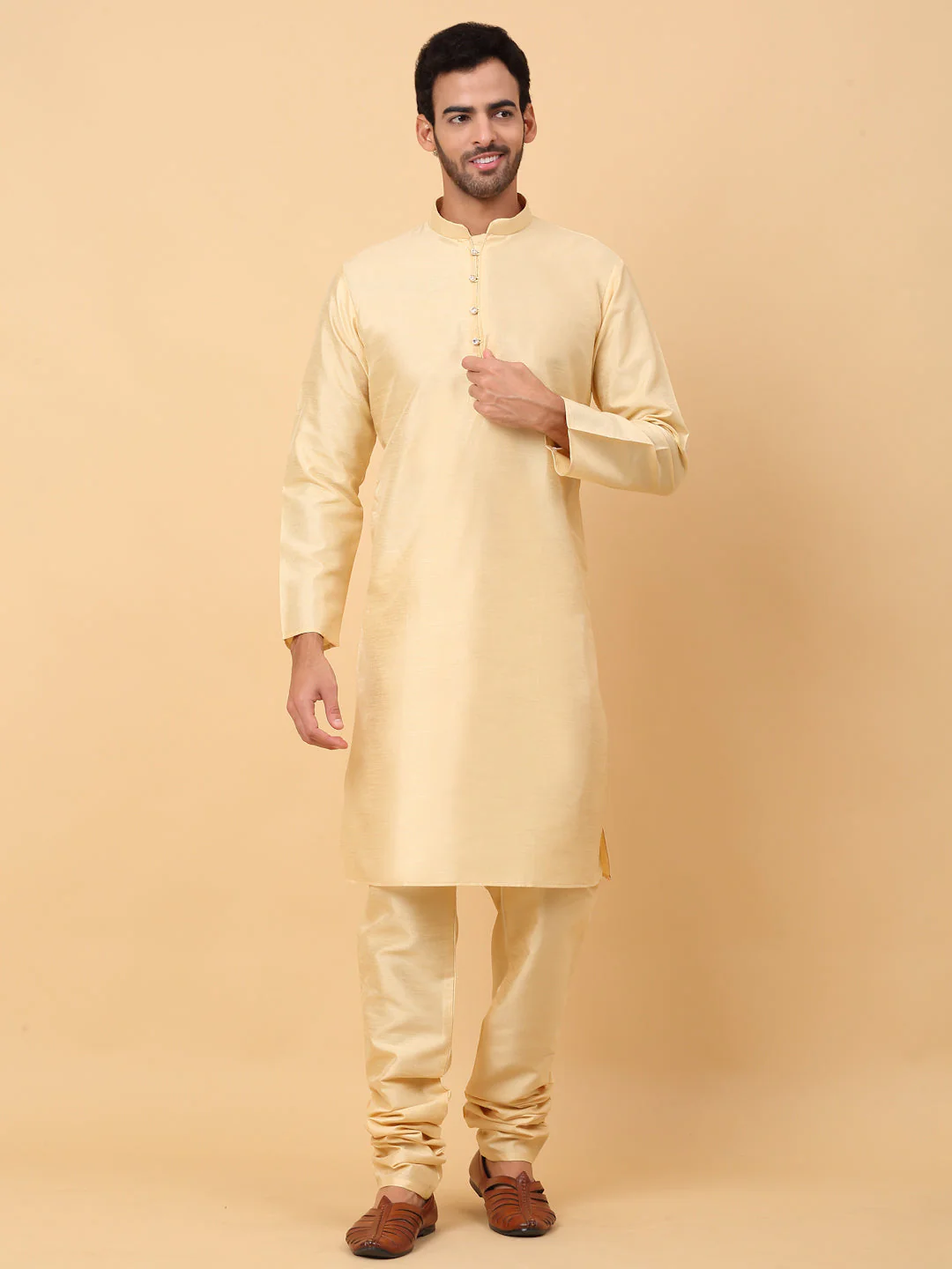 KRAFT INDIA Men's Silk Beige Kurta Churidar With Embroidered Zari Bandhgala Suit/Coat - Image 19