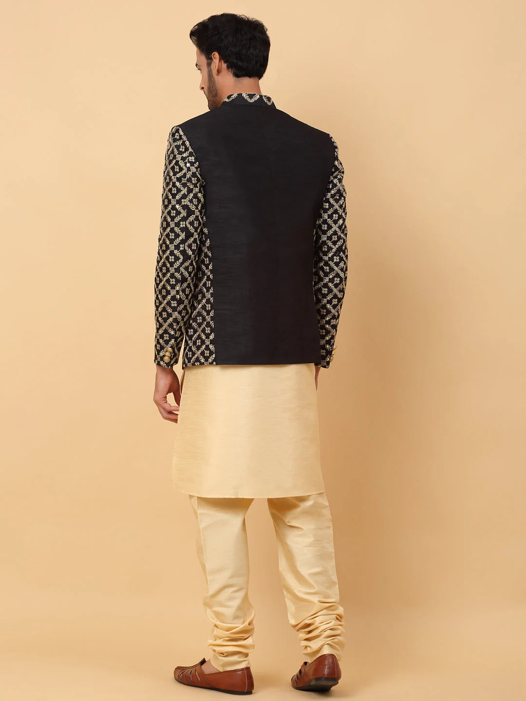 KRAFT INDIA Men's Silk Beige Kurta Churidar With Embroidered Zari Bandhgala Suit/Coat - Image 2