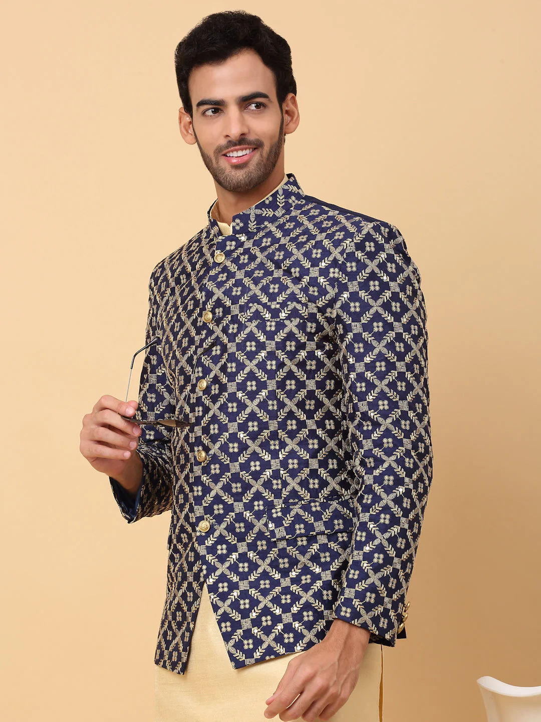 KRAFT INDIA Men's Silk Beige Kurta Churidar With Embroidered Zari Bandhgala Suit/Coat - Image 20